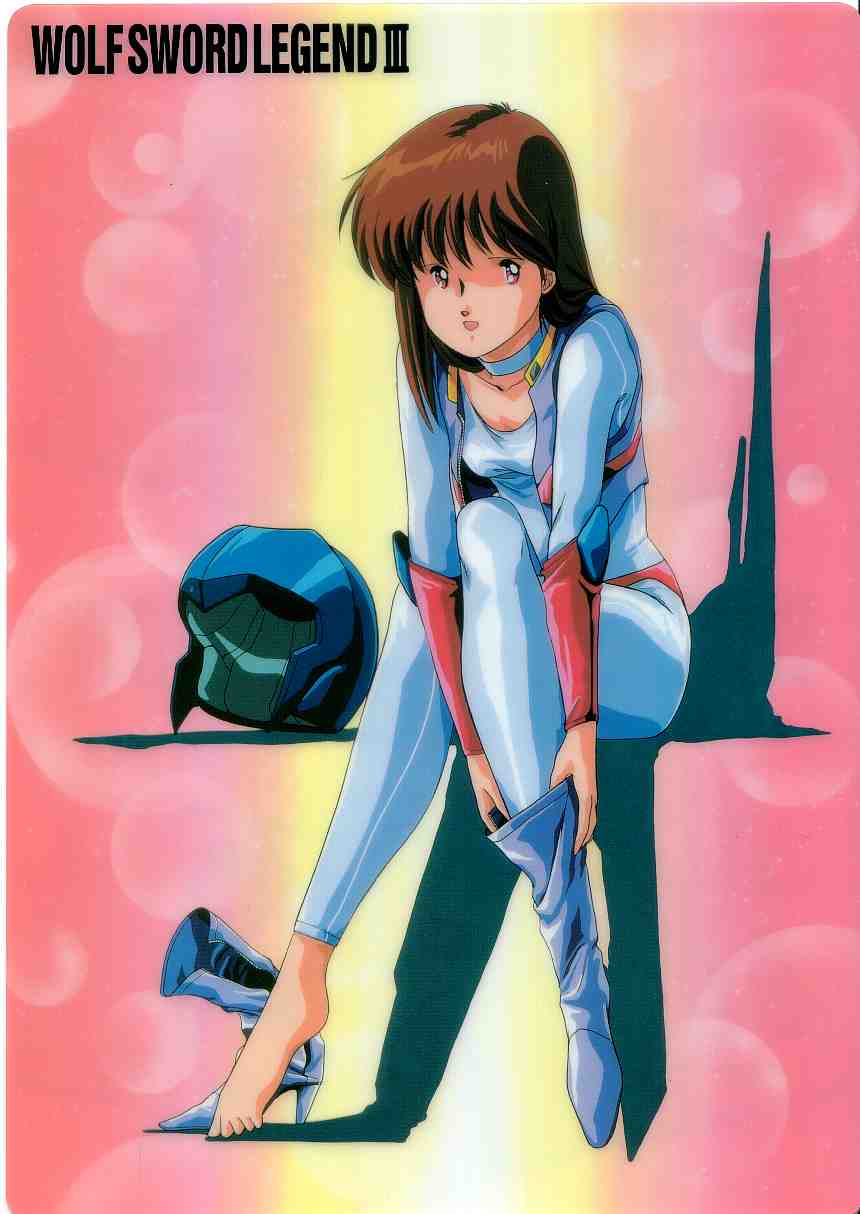 habara nobuyoshi, leina stol, machine robo, machine robo chronos no dai gyakushuu, 1980s (style), highres, jpeg artifacts, 1girl, barefoot, boots, brown hair, female focus, helmet, high heels, oldschool, pink eyes, retro artstyle, shoes, single shoe, solo
