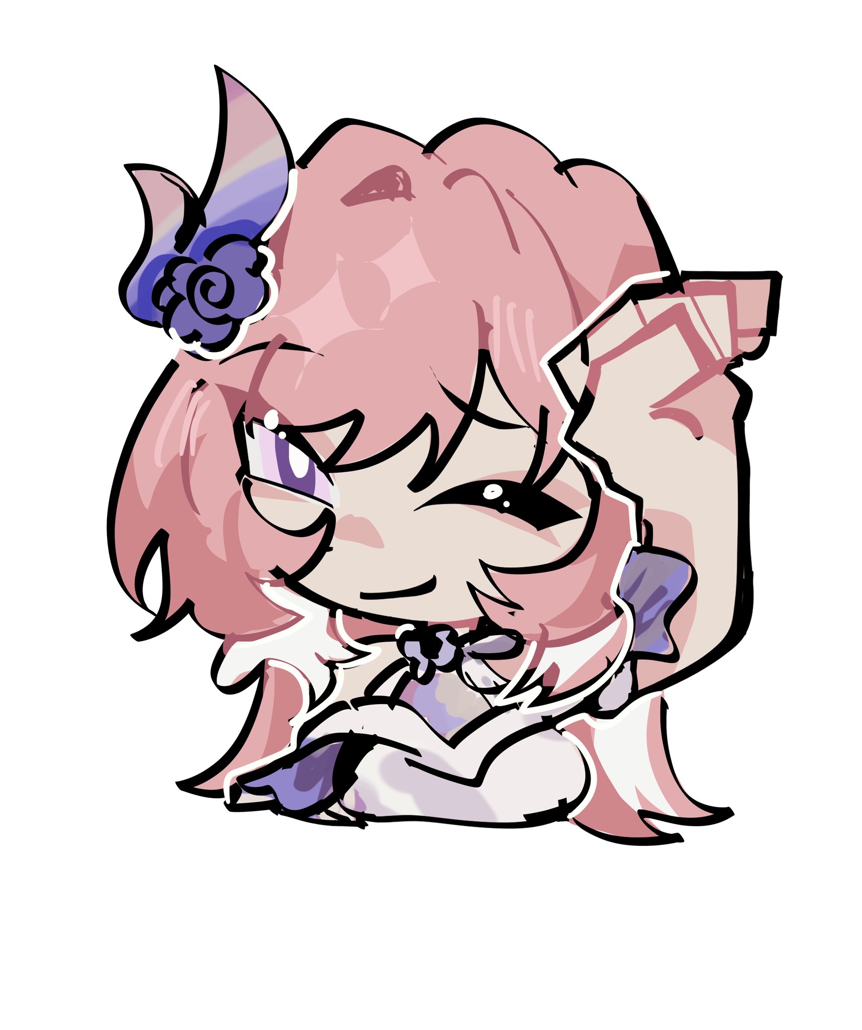 hyastelle, cyrene (honkai: star rail), honkai: star rail, honkai (series), mihoyo, zenless zone zero, commentary, english commentary, highres, ;), arm up, bare shoulders, breasts, chibi, dress, hair ornament, long hair, looking at viewer, one eye closed, parody, pink hair, purple eyes, simple background, smile, upper body, very long hair, white background, white dress
