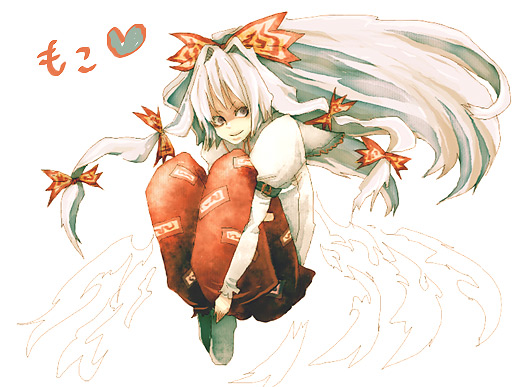 vetvel, fujiwara no mokou, touhou, bad id, bad pixiv id, 1girl, female focus, full body, hair ribbon, long hair, ribbon, simple background, solo, white background, white hair