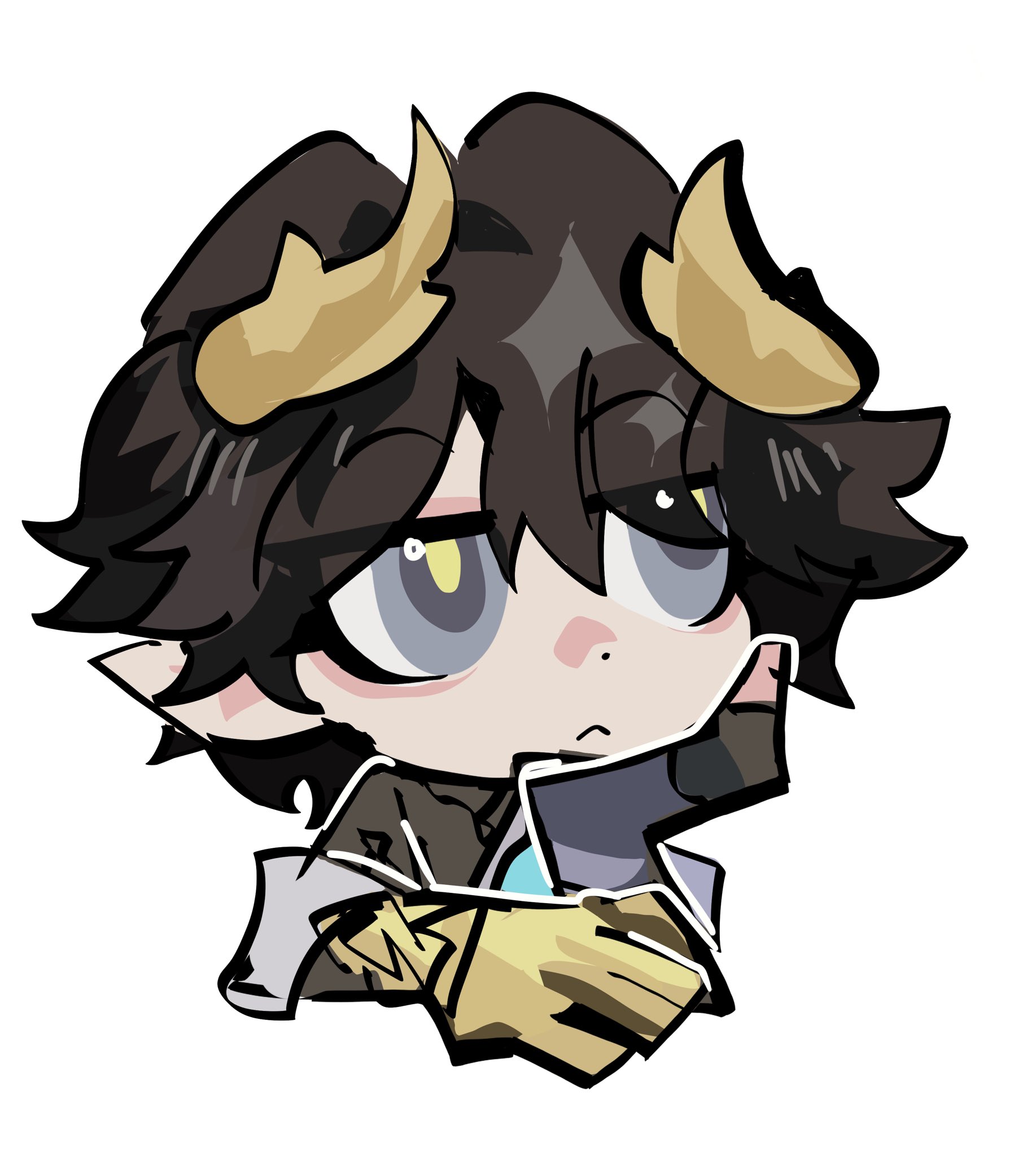 hyastelle, dan heng (honkai: star rail), dan heng (permansor terrae) (honkai: star rail), honkai: star rail, honkai (series), mihoyo, commentary, english commentary, highres, 1boy, black hair, black shirt, chibi, grey eyes, hand up, horns, male focus, parody, pointy ears, shirt, short hair, simple background, solo, upper body, white background