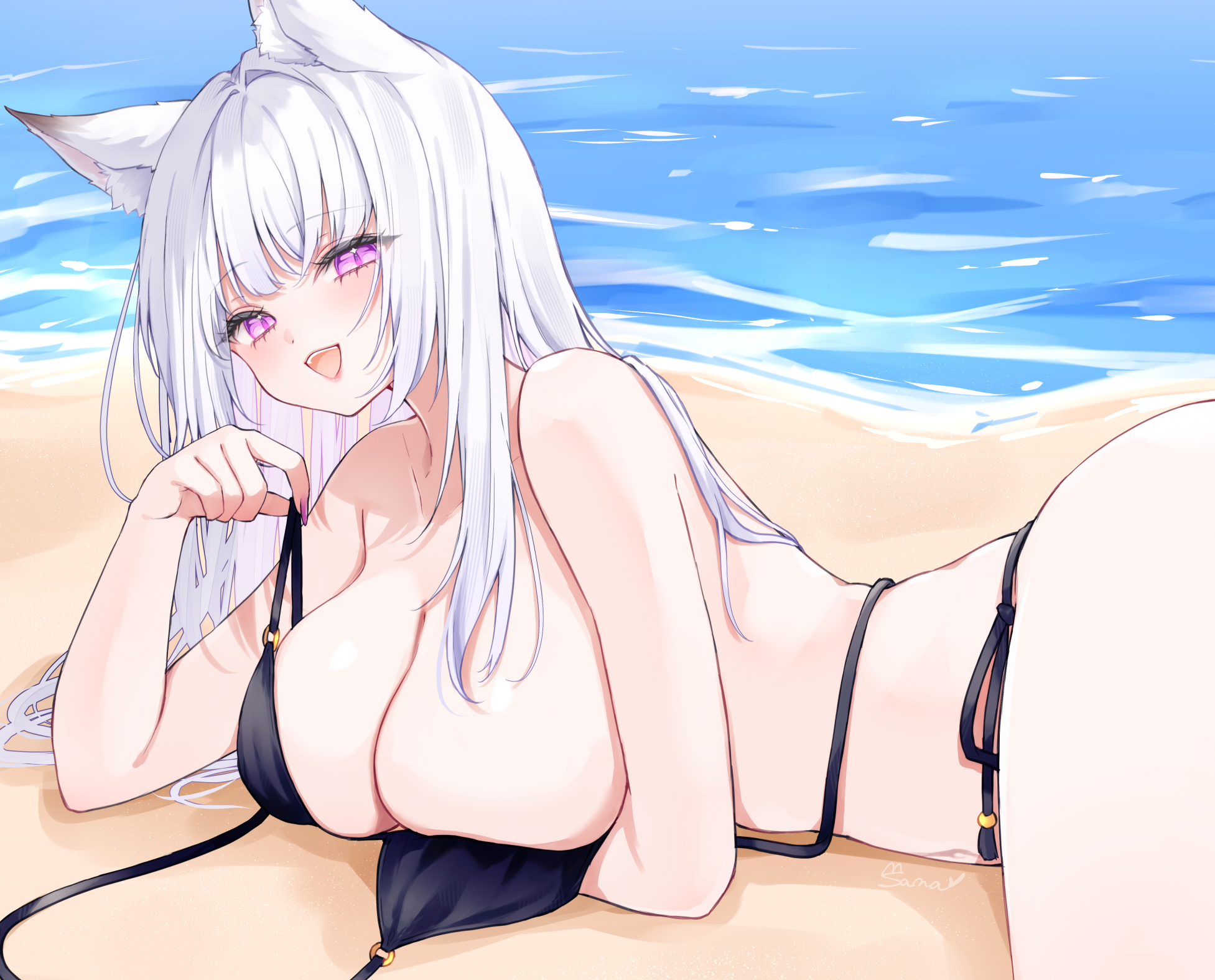 sana (sanamaru 0w0), original, highres, 1girl, animal, animal ears, beach, bikini, black bikini, breasts, large breasts, long hair, looking at viewer, lying, ocean, on side, open mouth, outdoors, partially undressed, pink nails, purple eyes, sand, swimsuit, teeth, white hair