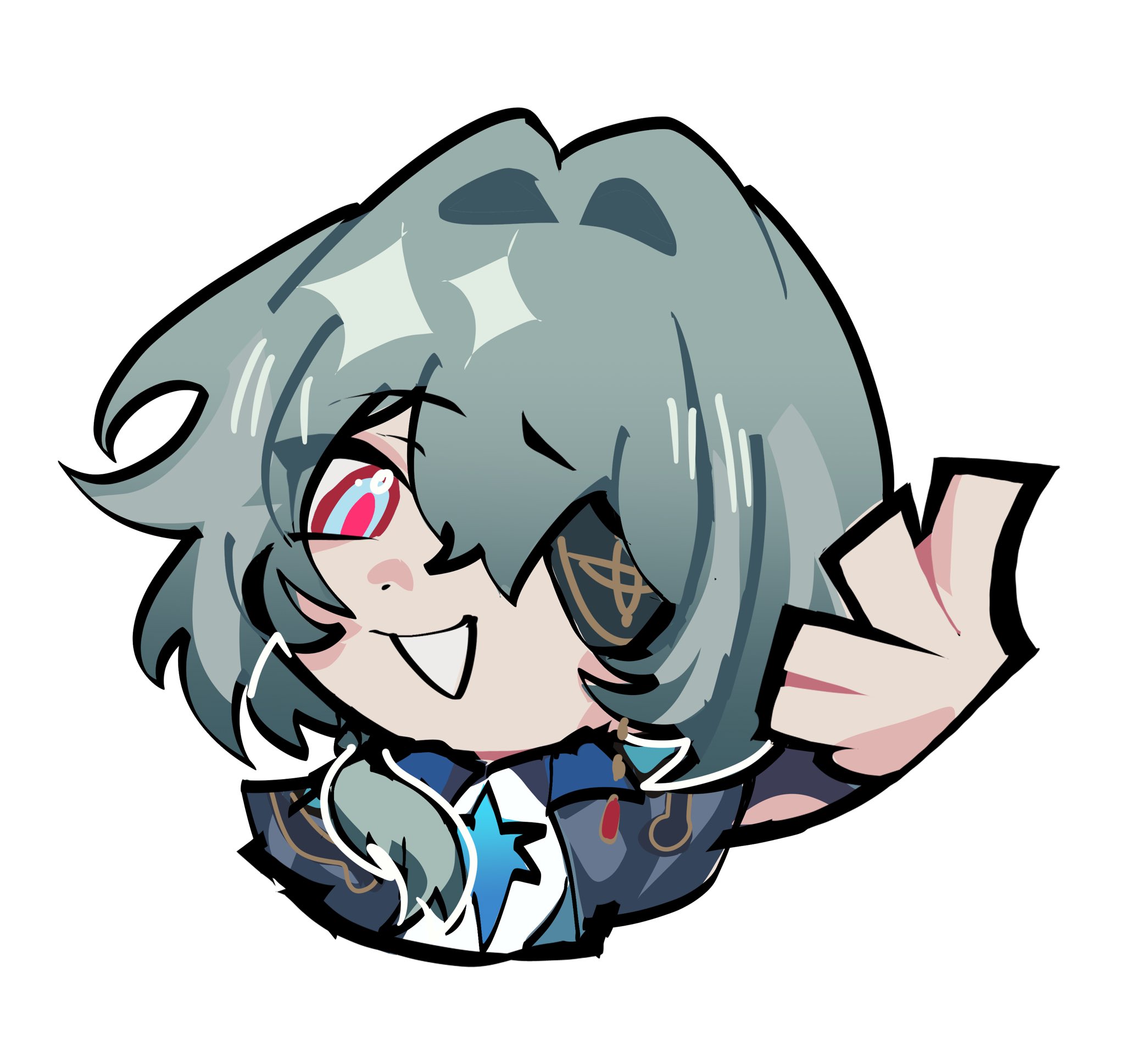 hyastelle, anaxa (honkai: star rail), honkai: star rail, honkai (series), mihoyo, zenless zone zero, commentary, english commentary, highres, 1boy, aqua hair, blue eyes, chibi, eyepatch, grin, hair intakes, long sleeves, male focus, multicolored eyes, parody, red eyes, short hair, simple background, smile, solo, two-tone eyes, upper body, white background