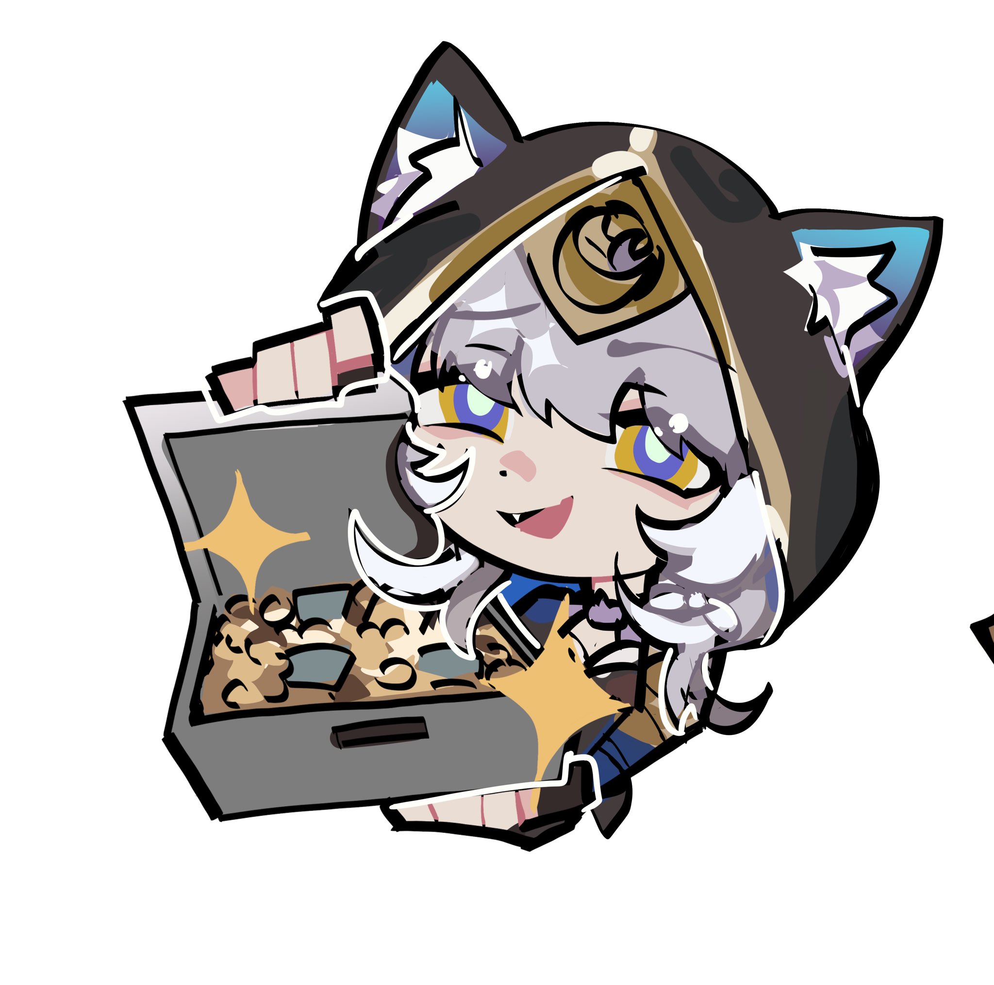 hyastelle, cipher (honkai: star rail), honkai: star rail, honkai (series), mihoyo, zenless zone zero, commentary, english commentary, highres, 1girl, animal ear fluff, animal ears, blue eyes, briefcase, bright pupils, cat ears, chibi, grey hair, holding, holding briefcase, hood, money, multicolored eyes, parody, short hair, simple background, solo, sparkle, upper body, white background, yellow eyes