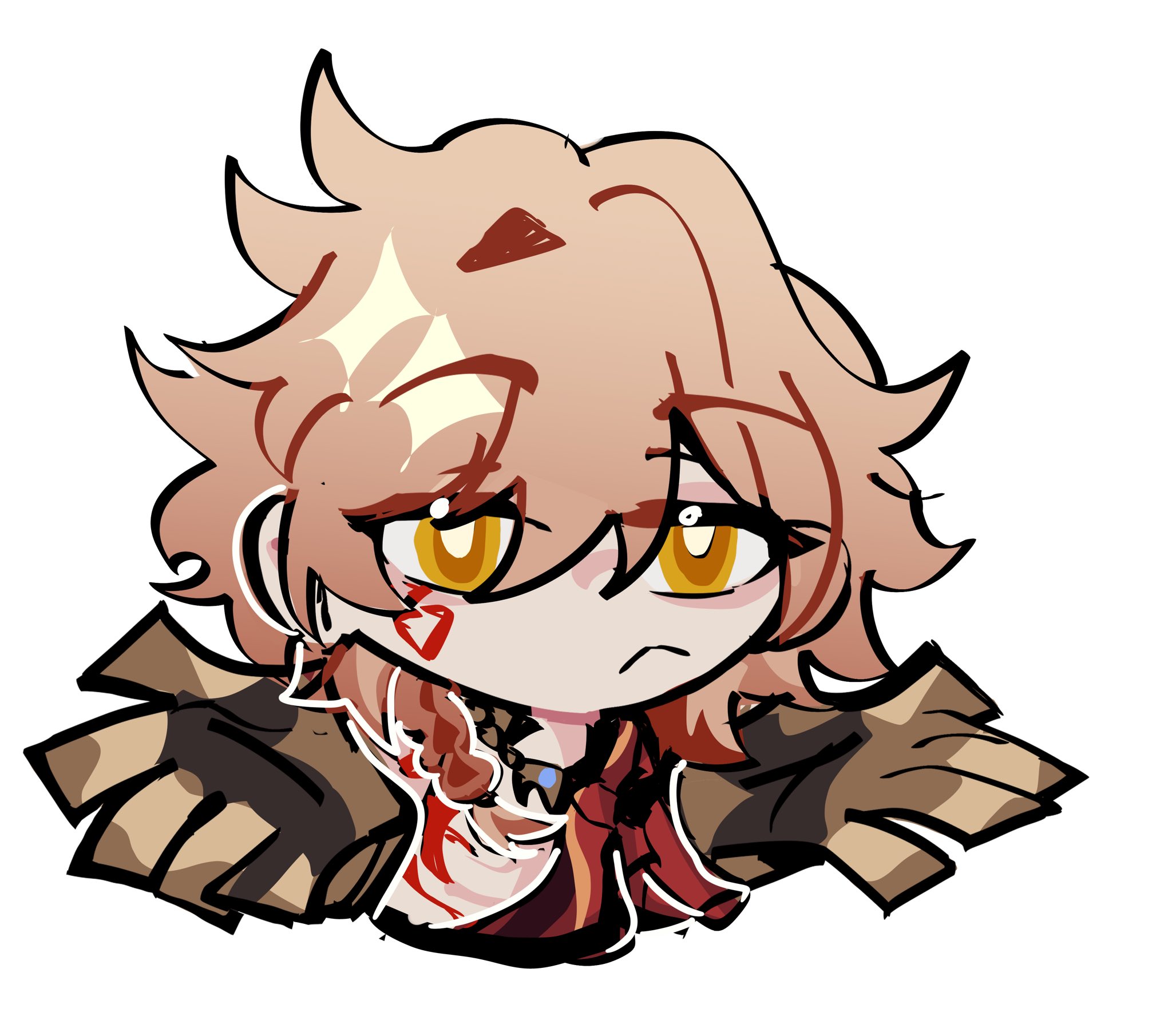 hyastelle, mydei (honkai: star rail), honkai: star rail, honkai (series), mihoyo, zenless zone zero, commentary, english commentary, highres, 1boy, blonde hair, bright pupils, chibi, facial mark, looking at viewer, male focus, parody, red robe, robe, short hair, shrugging, simple background, solo, upper body, white background, yellow eyes