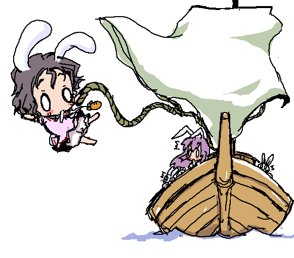 baku taso, itigekimaru, inaba tewi, reisen udongein inaba, touhou, 0 0, 2girls, ^^^, animal ears, boat, chibi, female focus, multiple girls, oekaki, rabbit ears, ship, watercraft