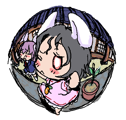 baku taso, itigekimaru, inaba tewi, reisen udongein inaba, touhou, lowres, 2girls, :<, animal ears, chibi, female focus, fisheye, full body, multiple girls, oekaki, outdoors, plant, rabbit ears