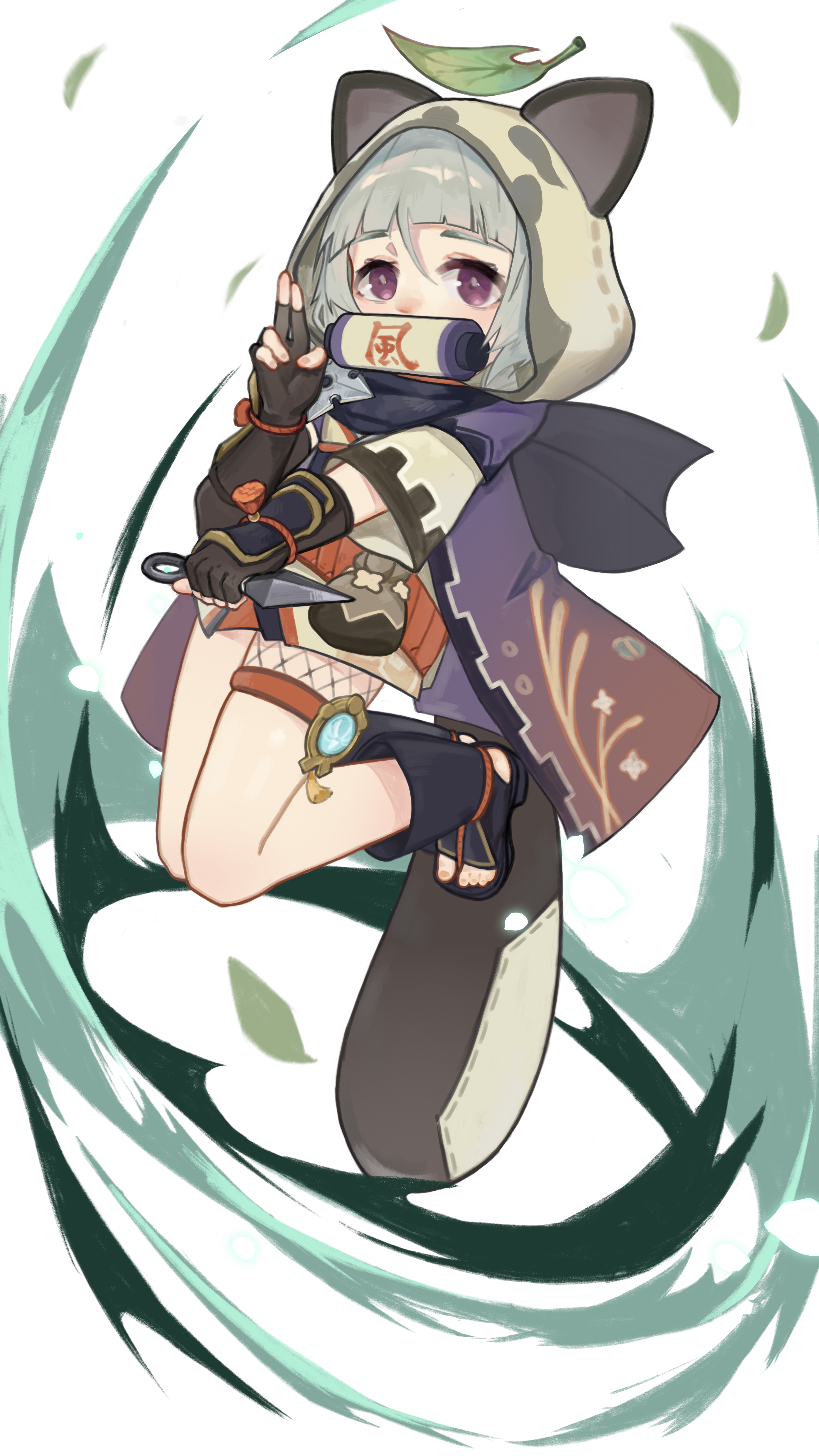 eriri2000420, sayu (genshin impact), genshin impact, absurdres, commentary, highres, 1girl, animal ears, animal hood, fingerless gloves, fishnets, gloves, hood, leaf, leaf on head, raccoon ears, raccoon hood, raccoon tail, solo, tail, toes