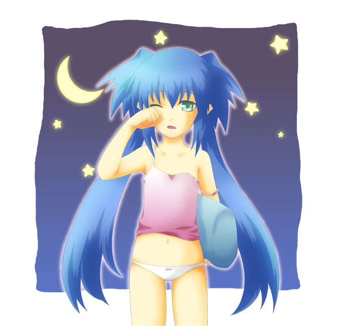 hitsugi kaname, klan klein, macross, macross frontier, bad id, bad pixiv id, 00s, 1girl, blue hair, camisole, crescent moon, female focus, lingerie, loli, long hair, moon, one eye closed, panties, pillow, pointy ears, sleepy, solo, star (symbol), twintails, underwear, wink