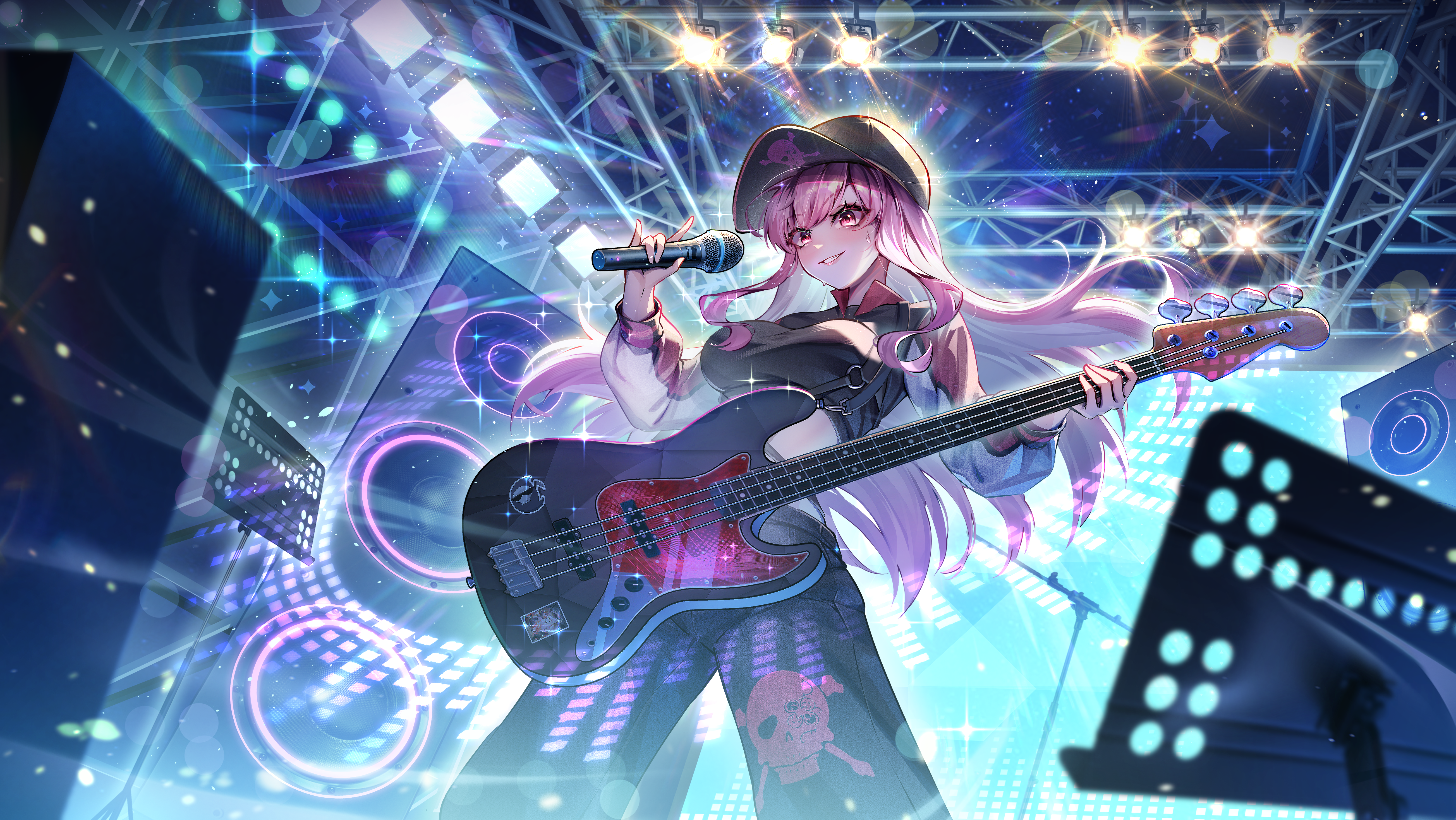 lazyfox, mori calliope, hololive, hololive english, absurdres, commentary, highres, 1girl, baseball cap, bass guitar, black hat, black pants, black shirt, breasts, concert, cropped shirt, electric guitar, grin, guitar, hat, holding, holding bass guitar, holding instrument, holding microphone, indoors, instrument, large breasts, long hair, looking at viewer, microphone, pants, pink eyes, pink hair, shirt, sidelocks, smile, very long hair, virtual youtuber