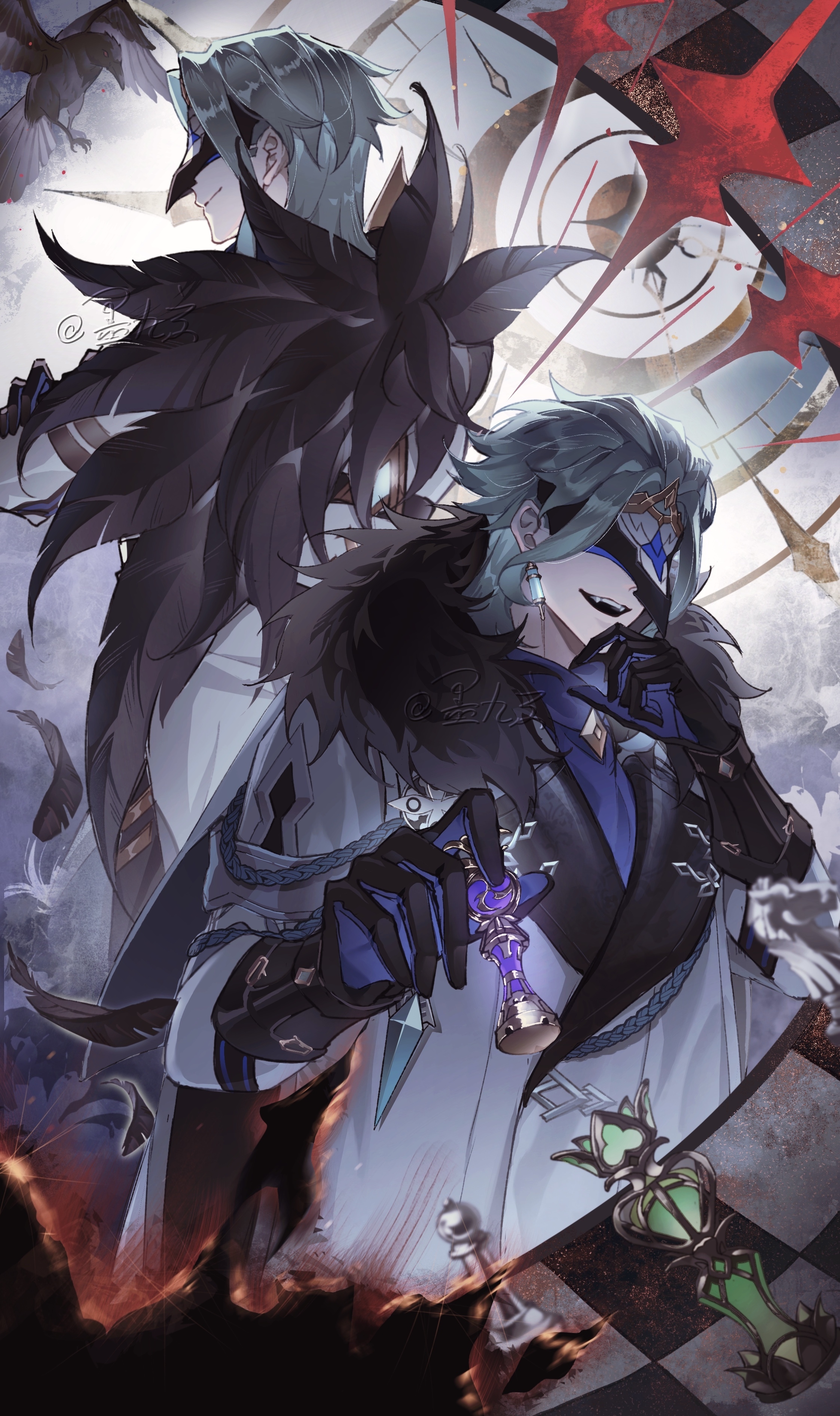 mojiuxuan, dottore (genshin impact), genshin impact, absurdres, highres, 1boy, bird, black feathers, black gloves, blue hair, board game, chess, chess piece, chessboard, coat, crow, earrings, feathers, gloves, gnosis (genshin impact), holding, holding chess piece, jewelry, long sleeves, mask, multiple views, sharp teeth, single earring, smile, syringe, syringe earrings, teeth, two-tone gloves, white coat