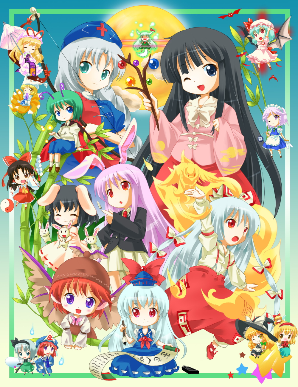 michii yuuki, alice margatroid, ex-keine, fujiwara no mokou, hakurei reimu, houraisan kaguya, inaba tewi, izayoi sakuya, kamishirasawa keine, kirisame marisa, konpaku youmu, konpaku youmu (ghost), mystia lorelei, reisen udongein inaba, remilia scarlet, saigyouji yuyuko, shanghai doll, wriggle nightbug, yagokoro eirin, yakumo ran, yakumo yukari, imperishable night, touhou, bad id, bad pixiv id, highres, 6+girls, animal ears, animal hat, antennae, bamboo, bat wings, black hair, blonde hair, blue eyes, bow (weapon), brown eyes, calligraphy brush, cape, chibi, closed eyes, everyone, female focus, fox tail, full moon, gap (touhou), ghost, green eyes, green hair, hair ribbon, hairband, hat, long sleeves, mob cap, moon, multiple girls, one eye closed, paintbrush, pink hair, purple eyes, rabbit ears, red eyes, red hair, ribbon, scroll, short hair, star (symbol), tail, tassel, weapon, white hair, wide sleeves, wings, wink, yellow eyes