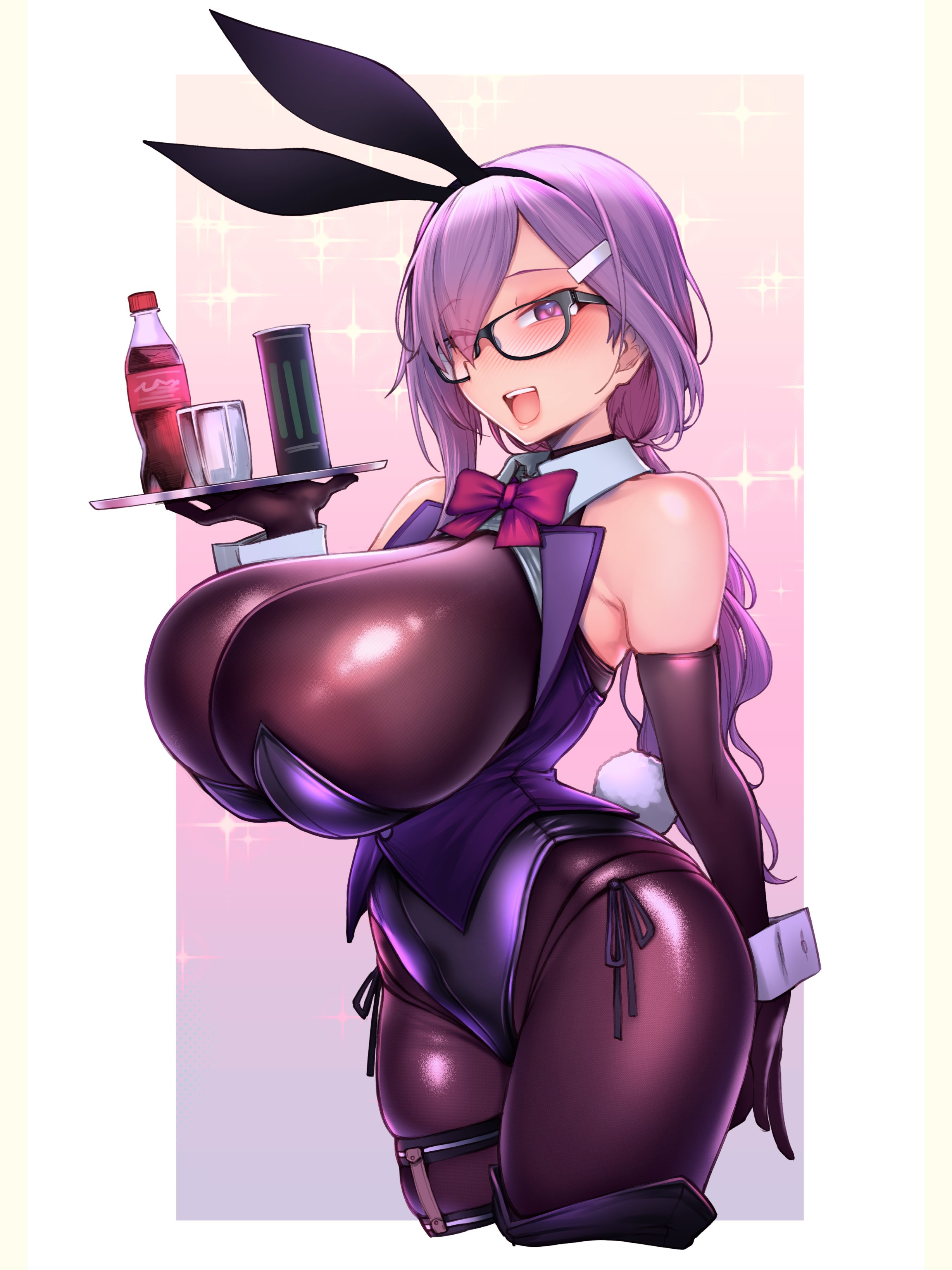 kagami uekusa, mash kyrielight, coca-cola, fate/grand order, fate (series), monster energy, absurdres, highres, 1girl, :d, animal ear hairband, animal ears, bare shoulders, black-framed eyewear, black bodysuit, black gloves, blush, bodysuit, breasts, cleavage, cola, collared jacket, covered navel, cup, drinking glass, elbow gloves, fake animal ears, fake tail, glasses, gloves, groin, hair ornament, hair over one eye, hairband, hairclip, highleg, highleg leotard, highleg panties, holding, holding tray, huge breasts, jacket, leotard, looking at viewer, low ponytail, narrow waist, open mouth, panties, plate, playboy bunny, ponytail, purple eyes, purple hair, rabbit ear hairband, rabbit ears, rabbit tail, see-through cleavage, see-through clothes, short hair, side-tie panties, simple background, skin tight, skindentation, sleeveless, smile, solo, strapless, strapless leotard, tail, taut clothes, thigh strap, thighs, thong, tray, turtleneck, undersized breast cup, underwear, wrist cuffs