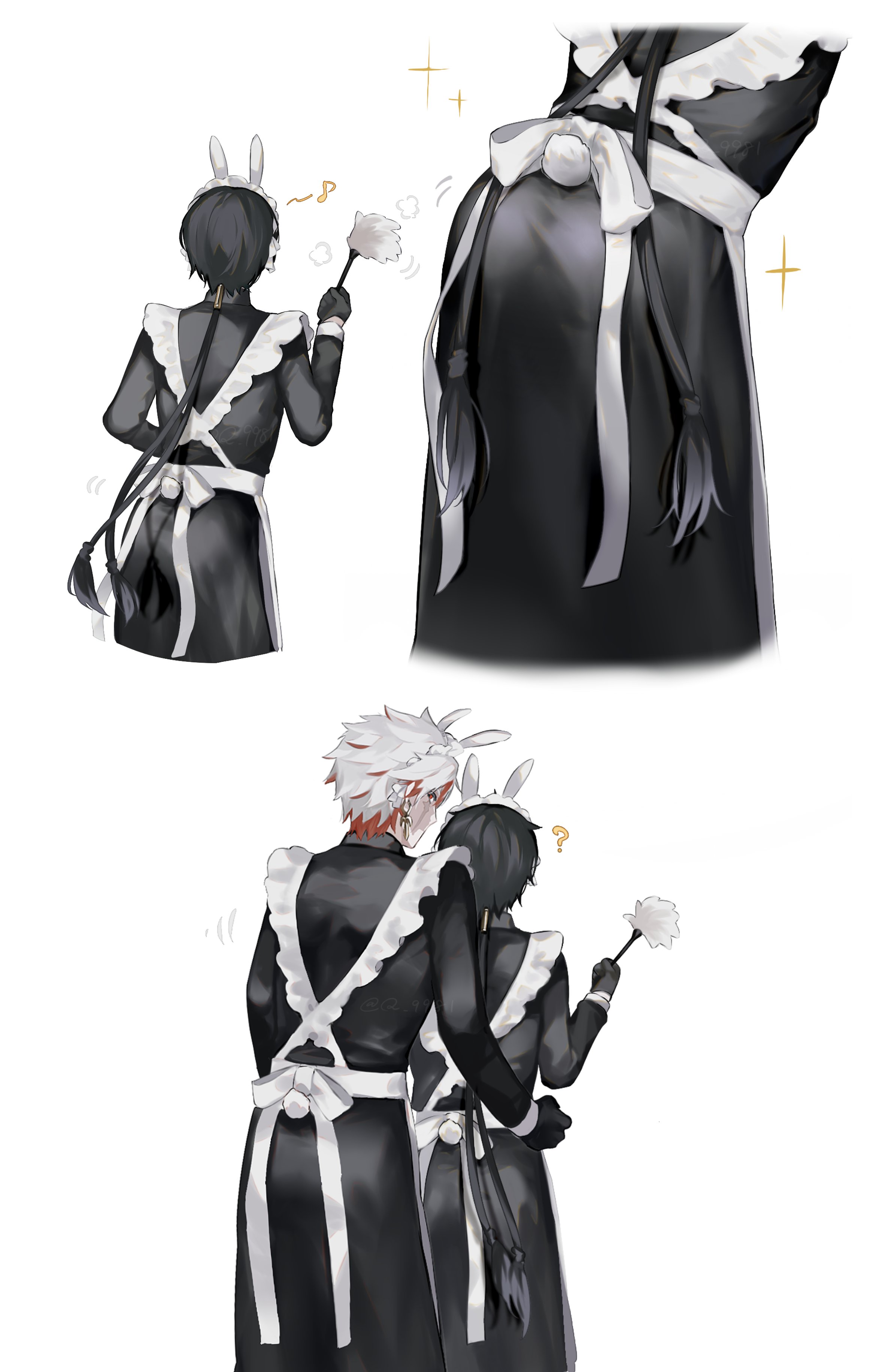 q 9981, male rover (wuthering waves), rover (wuthering waves), scar (wuthering waves), wuthering waves, absurdres, commentary, highres, symbol-only commentary, 2boys, ?, alternate costume, animal ears, apron, back, back bow, black dress, black gloves, black hair, bow, crossdressing, dress, duster, earrings, enmaided, fake animal ears, fake tail, frills, gloves, grey hair, hair ornament, hand around waist, hand up, holding, holding duster, jewelry, long hair, long sleeves, looking at viewer, looking back, low ponytail, maid, maid headdress, male focus, multicolored hair, multiple boys, multiple views, musical note, ponytail, rabbit ears, rabbit tail, red eyes, red hair, scar, scar across eye, scar on face, short hair, simple background, sparkle, standing, sword earrings, tail, two-tone hair, white apron, white background, white bow, yaoi
