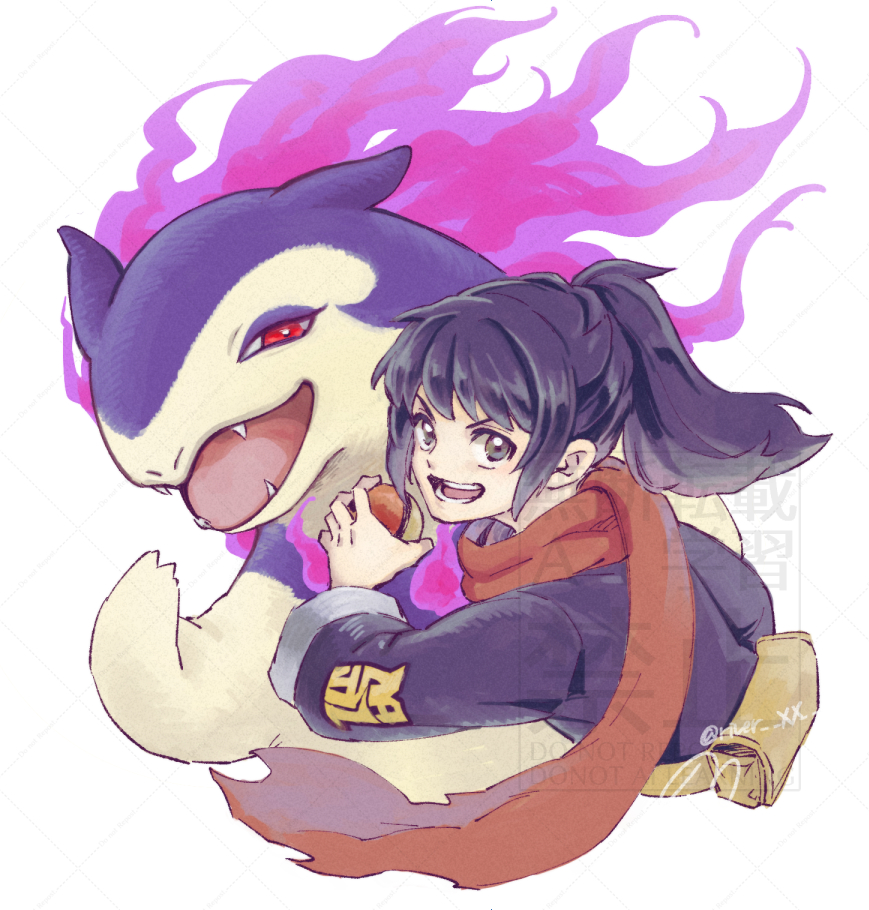 a nori, akari (pokemon), hisuian typhlosion, nintendo, pokemon, pokemon legends: arceus, 1girl, bag, black hair, fangs, fire, galaxy expedition team survey corps uniform, grey eyes, hisuian poke ball, holding, holding poke ball, jacket, long hair, looking at viewer, open mouth, pink fire, poke ball, pokemon (creature), ponytail, purple fire, red eyes, red scarf, scarf, sidelocks, simple background, smile, teeth, white background