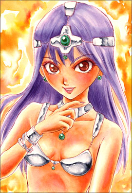 manya (dq4), chunsoft, dragon quest, dragon quest iv, enix, lowres, bikini, bikini top only, bracelet, choker, circlet, earrings, hat, jewelry, purple hair, red eyes, solo, swimsuit, tiara, white bikini