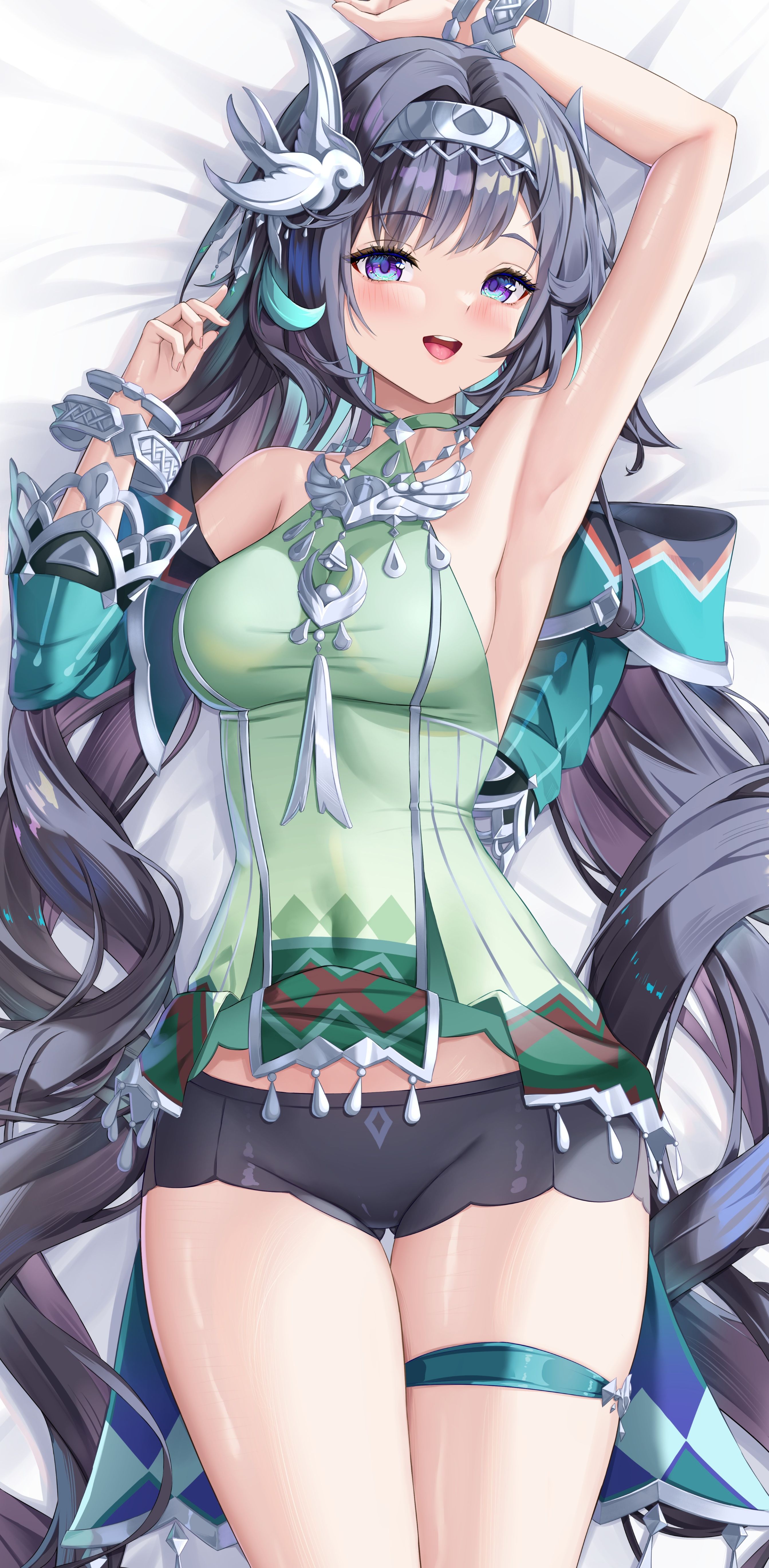 dokimaru, lan yan (genshin impact), genshin impact, absurdres, commentary request, highres, 1girl, aqua hair, arm up, armpits, bare shoulders, bed sheet, bird hair ornament, black hair, black panties, blush, bracelet, breasts, collarbone, cowboy shot, dakimakura (medium), detached sleeves, dress, fingernails, green dress, hair ornament, halter dress, halterneck, jewelry, long hair, looking at viewer, lying, medium breasts, multicolored hair, on back, open mouth, panties, presenting armpit, purple eyes, silver hairband, single sleeve, solo, teeth, thigh strap, underwear, upper teeth only, very long hair