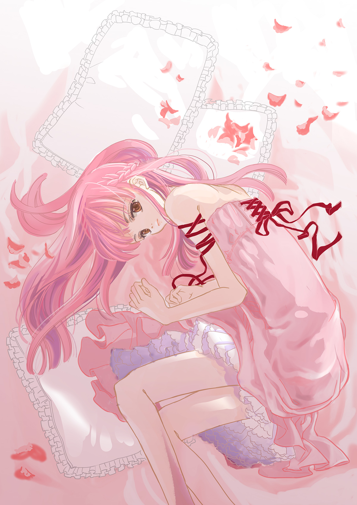 nikki (nikki), nikki (series), shining nikki, highres, 1girl, arm ribbon, bare legs, braid, brown eyes, closed mouth, dress, eyelashes, feet out of frame, half up half down braid, lipstick, long hair, lying, makeup, on bed, on side, petals, petticoat, pink dress, pink hair, pink lips, red ribbon, ribbon, short dress, smile, solo, strapless, strapless dress, very long hair, yocchi03693214