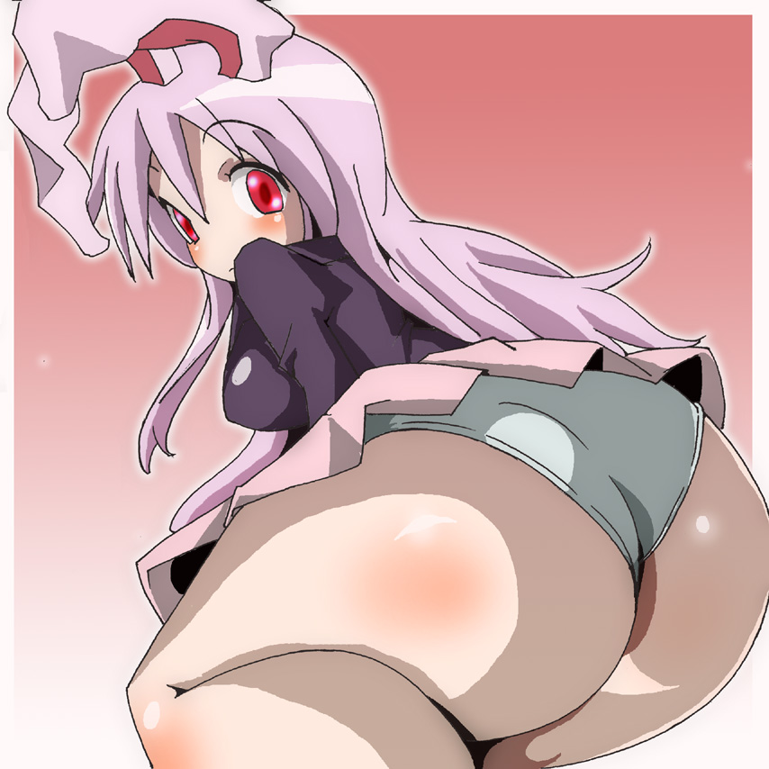 gorohati, reisen udongein inaba, touhou, light purple hair, 1girl, animal ears, ass, blazer, blush, body blush, breasts, female focus, from behind, huge ass, jacket, large breasts, long hair, looking at viewer, looking back, miniskirt, panties, pantyshot, pink background, pleated skirt, purple hair, rabbit ears, red eyes, skirt, solo, straight hair, underwear, upskirt, very long hair, white panties