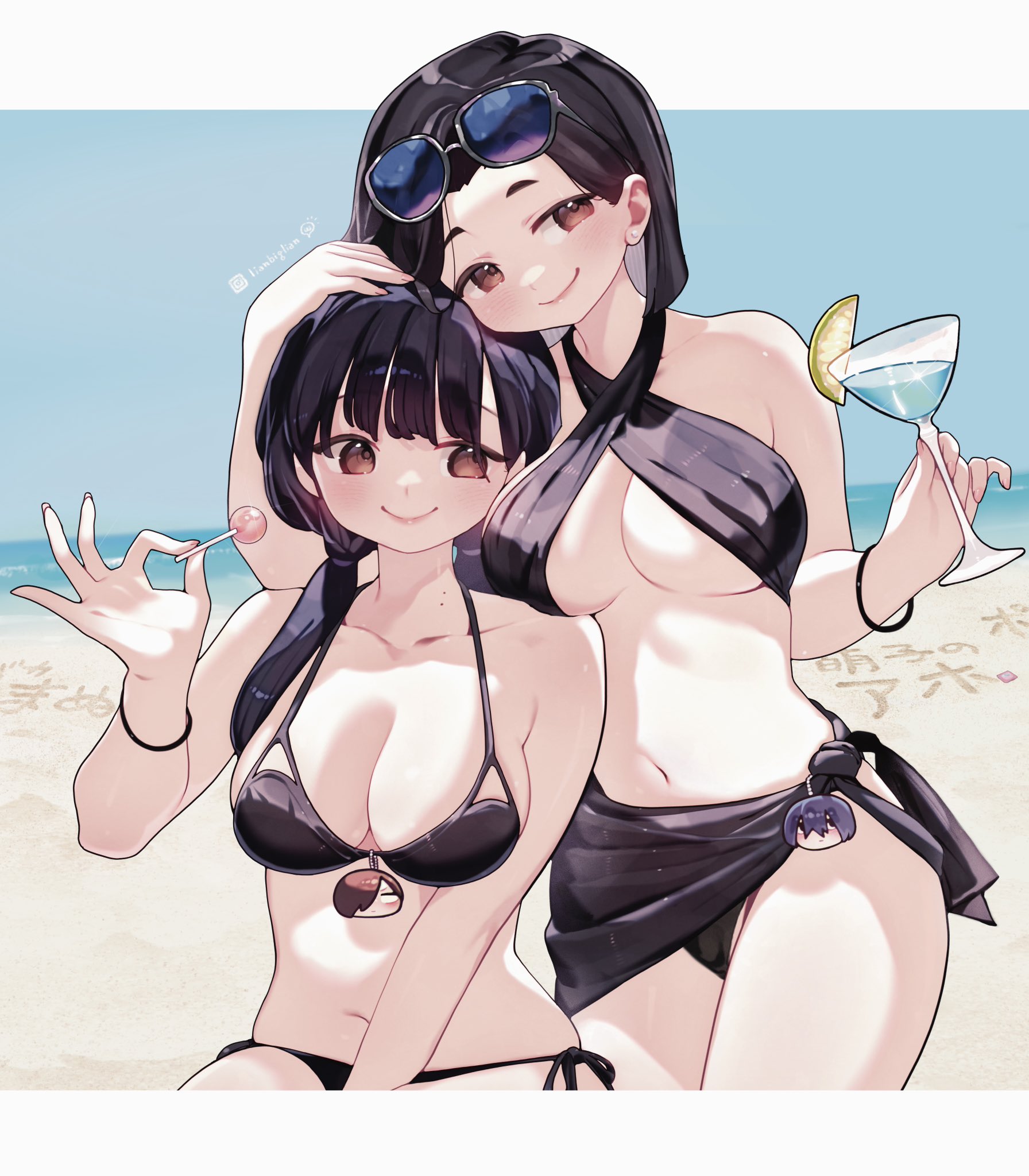 lianbiglian, ichikawa kyoutarou, yamada anna, yamada sanae (bokuyaba), yamada yuuki (bokuyaba), boku no kokoro no yabai yatsu, highres, 2girls, beach, bikini, black bikini, black hair, blue sky, breasts, brown eyes, candy, character charm, charm (object), closed mouth, cocktail glass, cup, day, drinking glass, eyewear on head, food, fruit, holding, holding candy, holding food, holding lollipop, large breasts, lime (fruit), lime slice, lollipop, mole, mole on neck, mother and daughter, multiple girls, navel, ocean, outdoors, sand, sarong, sky, smile, sunglasses, swimsuit