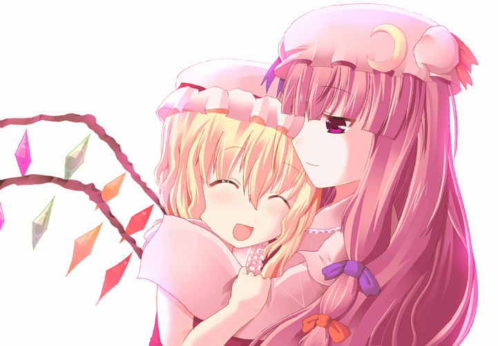 shiraki ai, flandre scarlet, patchouli knowledge, embodiment of scarlet devil, touhou, bad id, bad pixiv id, 2girls, blonde hair, closed eyes, female focus, long hair, multiple girls, purple eyes, purple hair, ribbon, short hair, smile, wings