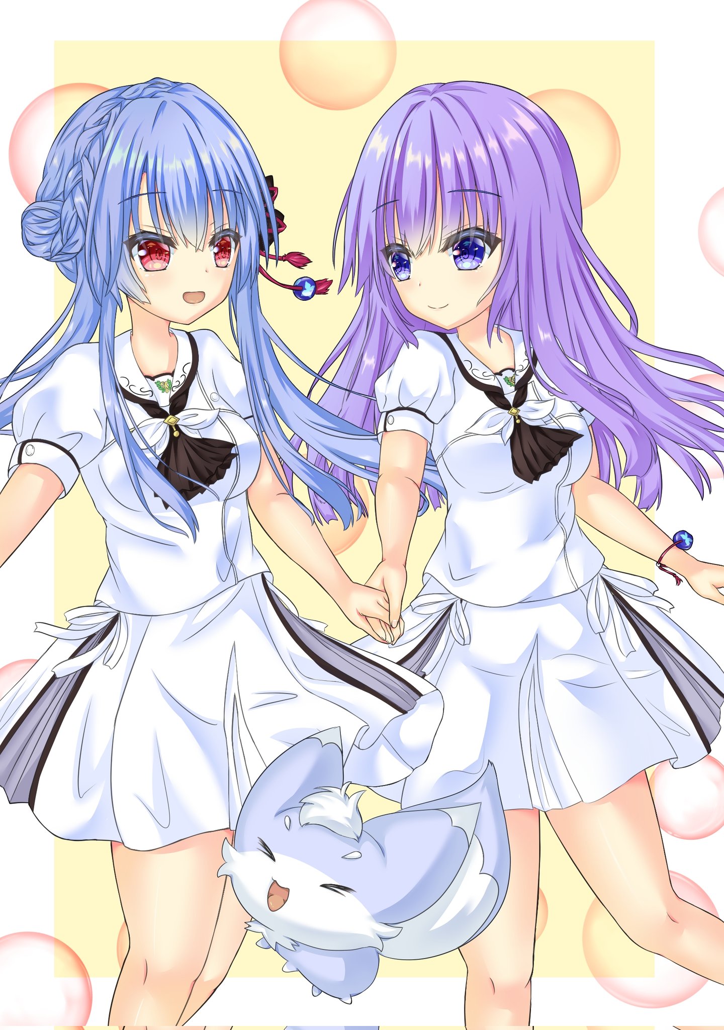 kusaya01411, sorakado ai, sorakado ao, summer pockets, corrupted twitter file, highres, > <, 2girls, :d, animal print, ascot, black ascot, black bow, blue eyes, blue hair, blunt ends, border, bow, braid, breasts, butterfly print, closed mouth, crown braid, eyelashes, eyes visible through hair, feet out of frame, floating hair, fox, hair between eyes, hair bow, hair bun, hair ribbon, happy, holding hands, inari (summer pockets), long hair, looking at another, medium breasts, miniskirt, multiple girls, open mouth, outside border, puffy short sleeves, puffy sleeves, purple hair, red eyes, red ribbon, ribbon, sailor collar, school uniform, serafuku, shirt, short sleeves, siblings, sidelocks, simple background, single hair bun, sisters, skirt, smile, split mouth, standing, straight hair, summer pockets school uniform, twins, white border, white sailor collar, white serafuku, white shirt, white skirt, yellow background