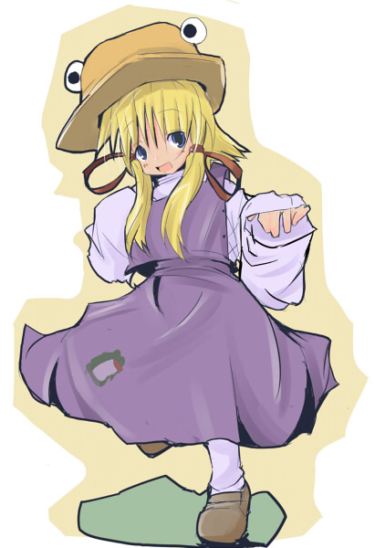 narakashiwa, moriya suwako, touhou, 1girl, blonde hair, blue eyes, child, female focus, full body, hair ribbon, hat, ribbon, solo, standing, twintails