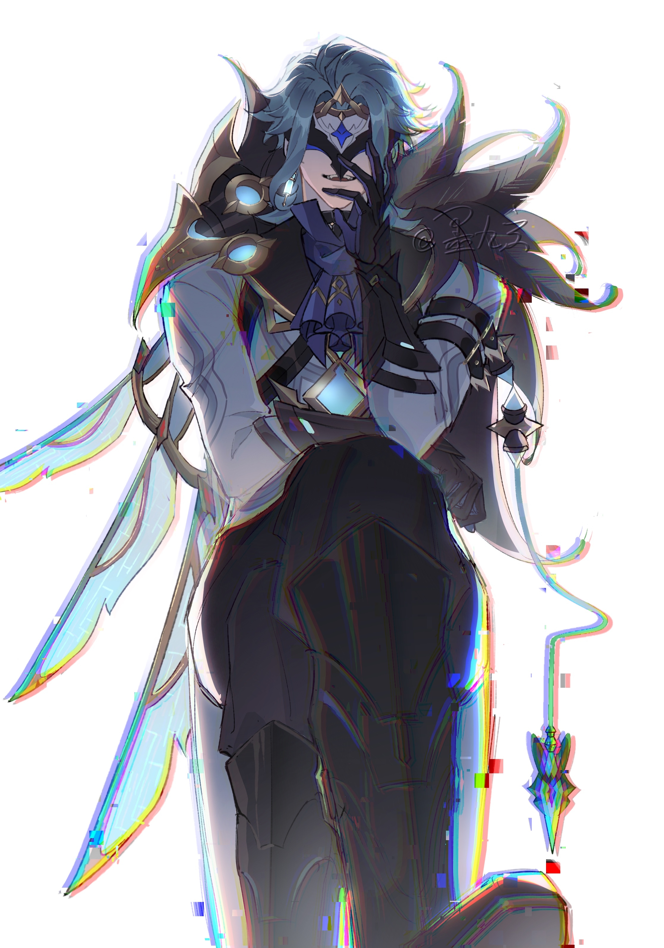 mojiuxuan, dottore (genshin impact), genshin impact, absurdres, highres, 1boy, ascot, black boots, black feathers, black gloves, blue ascot, blue hair, boots, chromatic aberration, coat, earrings, eye mask, feathers, gloves, jewelry, long sleeves, looking at viewer, mask, pants, short hair, simple background, single earring, smile, solo, syringe earrings, white background, white coat