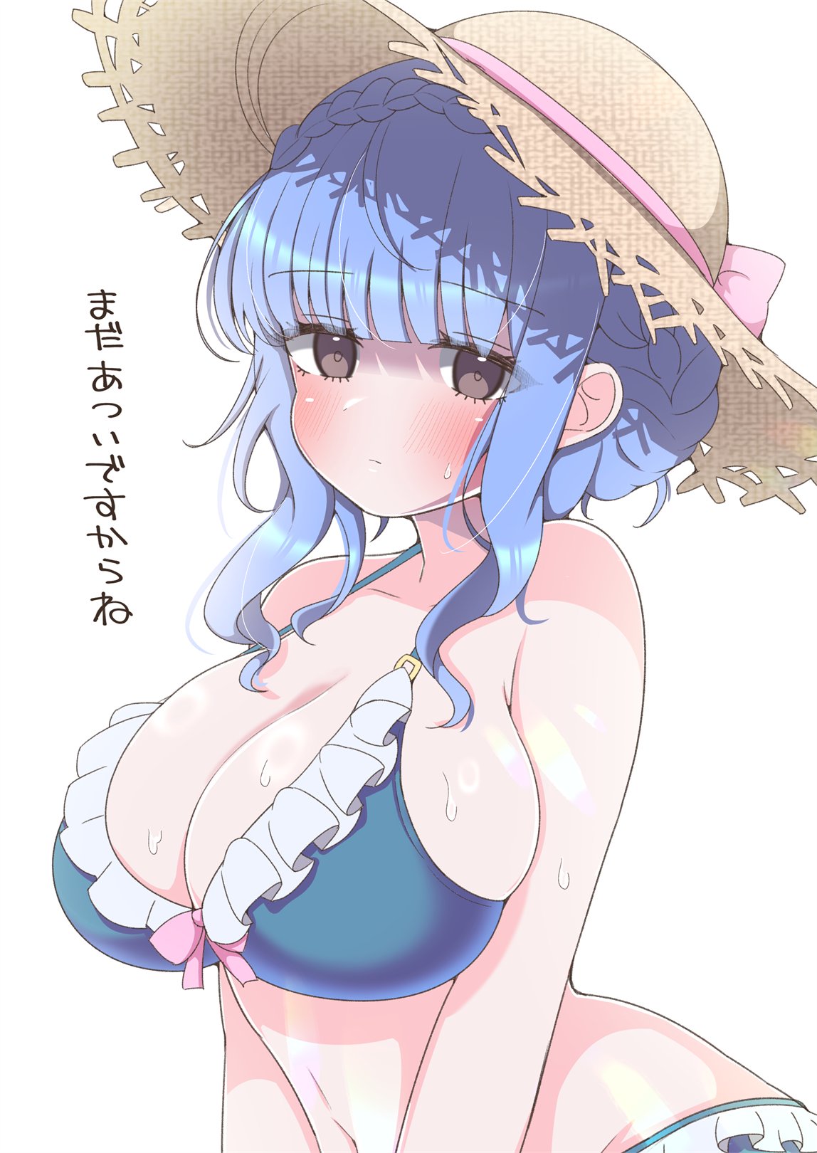 asage (asgsn), marianne von edmund, fire emblem, fire emblem: three houses, nintendo, highres, 1girl, alternate costume, bare shoulders, bikini, blue bikini, blue hair, blush, bow, braid, breasts, brown eyes, cleavage, closed mouth, crown braid, hat, hat bow, large breasts, long hair, looking at viewer, sideboob, simple background, skindentation, solo, straw hat, sun hat, sweat, swimsuit, upper body, white background