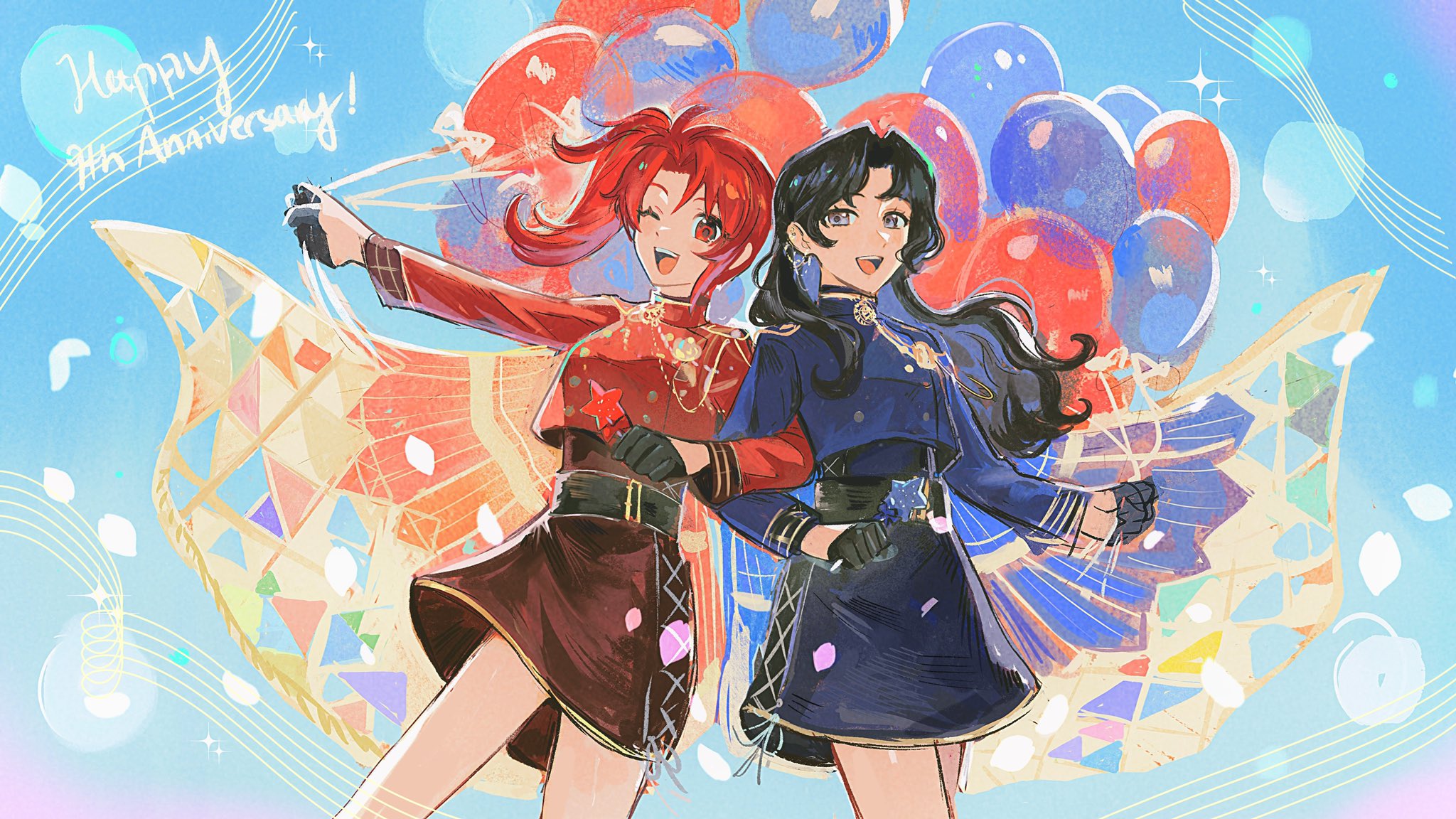 akiko 141, izumi iori, nanase riku, idolish7, highres, 2girls, :d, aiguillette, anniversary, asymmetrical bangs, balloon, belt, belt buckle, black belt, black gloves, black hair, blue cape, blue jacket, blue sky, bubble, buckle, buttons, cape, cropped jacket, curtained hair, earrings, epaulettes, genderswap, genderswap (mtf), gloves, gold trim, grey eyes, hair intakes, half gloves, high ponytail, holding, holding balloon, holding wand, hoop earrings, jacket, jewelry, lace, locked arms, long hair, long sleeves, looking at viewer, lower body, medal, multiple girls, musical staff, one eye closed, open mouth, outstretched arm, ponytail, red cape, red eyes, red hair, red jacket, ribbon, side ponytail, sidelocks, single earring, single epaulette, skirt, sky, smile, star wand, turtleneck, undershirt, wand, wavy hair