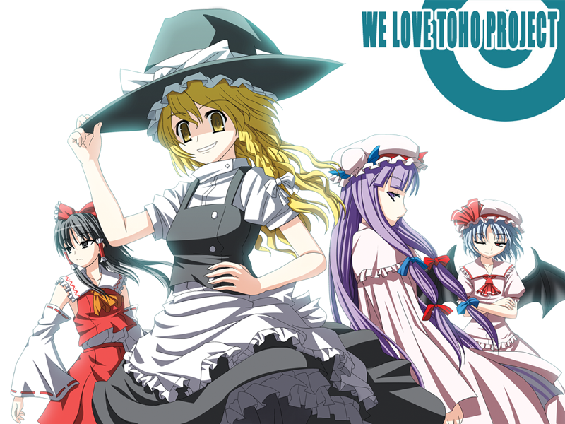 sumeragi seisuke, hakurei reimu, kirisame marisa, patchouli knowledge, remilia scarlet, touhou, looking away, bad id, bad pixiv id, 4girls, apron, ascot, bat wings, black hair, blonde hair, blue hair, bow, braid, crossed arms, detached sleeves, female focus, floating hair, frills, hair bow, hair ribbon, hat, holding, holding unworn clothes, holding unworn hat, japanese clothes, long hair, looking at viewer, miko, multiple girls, multiple hair bows, one eye closed, petticoat, profile, purple hair, red eyes, ribbon, short hair, sidelocks, skirt, skirt set, smile, unworn hat, unworn headwear, wings, wink, witch, witch hat, yellow eyes