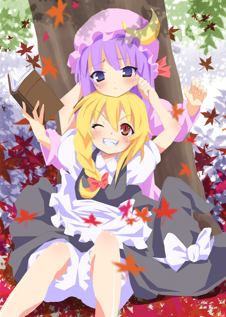 kishiri toworu, miyao ryuu, kirisame marisa, patchouli knowledge, touhou, bad id, bad pixiv id, 2girls, :<, autumn, autumn leaves, blonde hair, bloomers, blue eyes, book, cheek pinching, falling leaves, female focus, hat, leaf, long hair, mob cap, multiple girls, one eye closed, pinching, purple hair, red eyes, ribbon, sitting, underwear, unworn hat, unworn headwear, v-shaped eyebrows, very long hair, white bloomers, wink, witch, witch hat
