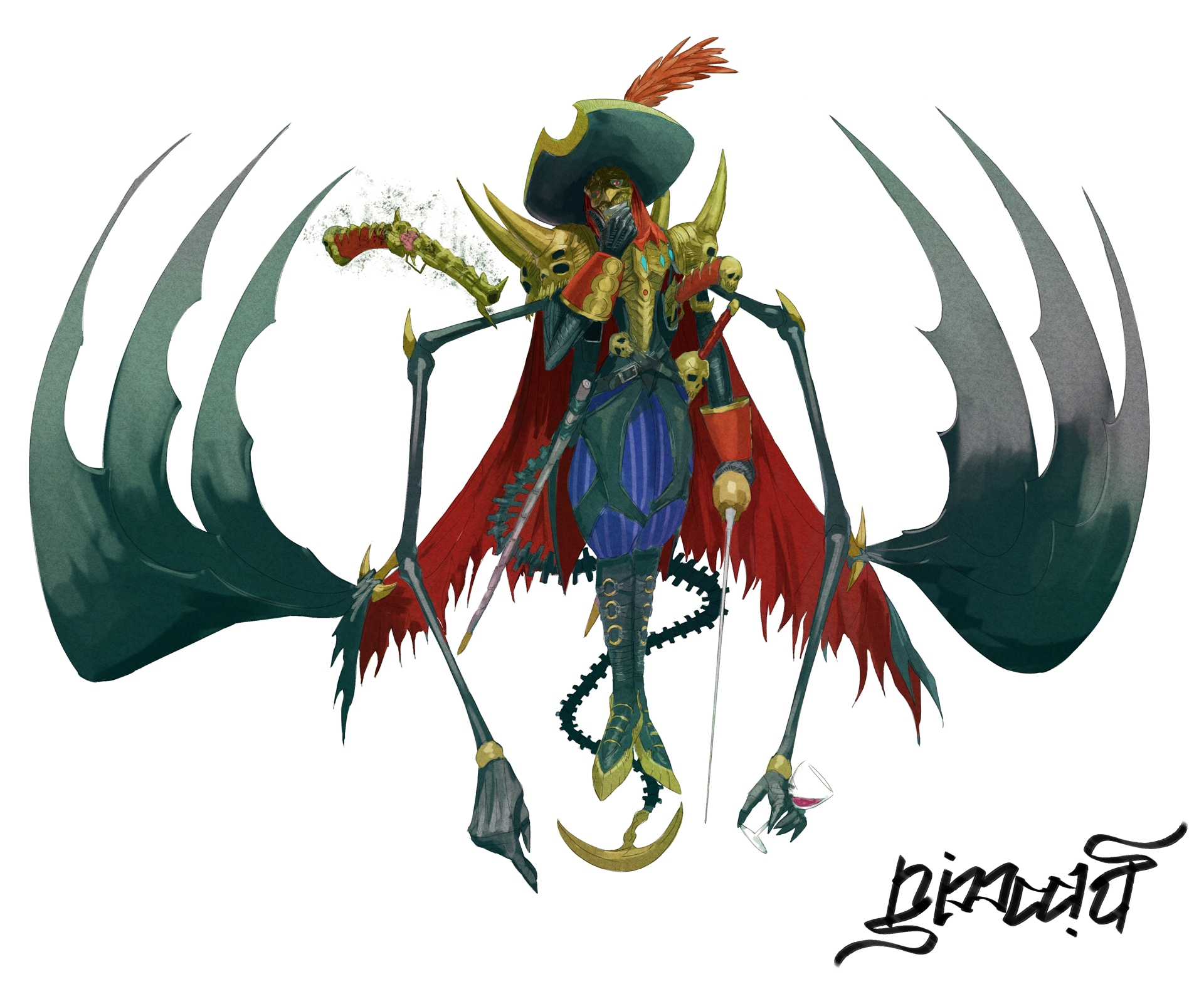 nimadj, voltobautamon, digimon, highres, 1boy, armor, blue pants, cape, digimon (creature), extra arms, eye mask, full body, gun, hat, holding, holding sword, holding weapon, male focus, pants, pirate, pirate hat, red cape, skull ornament, solo, sword, tail, weapon
