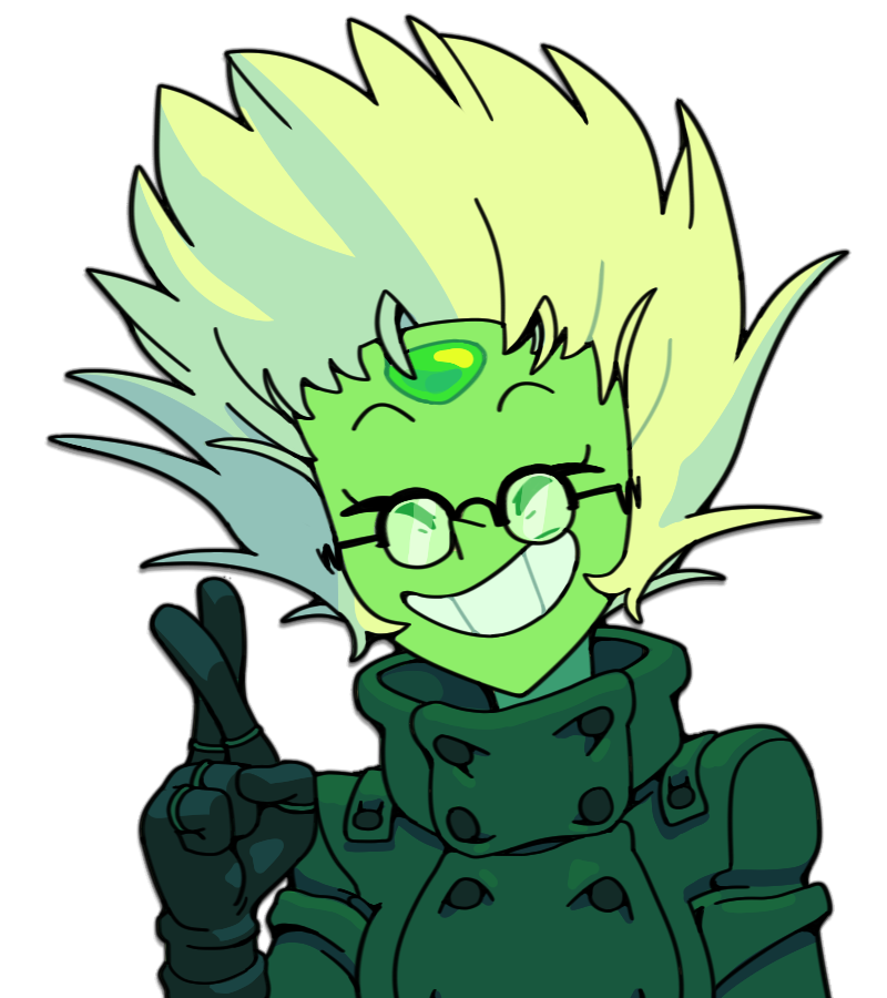 discount-supervillain, peridot (steven universe), vash the stampede, steven universe, trigun, 1girl, alien, blonde hair, closed eyes, colored skin, cosplay, forehead jewel, gem, glasses, green skin, grin, short hair, simple background, smile, solo, vash the stampede (cosplay)