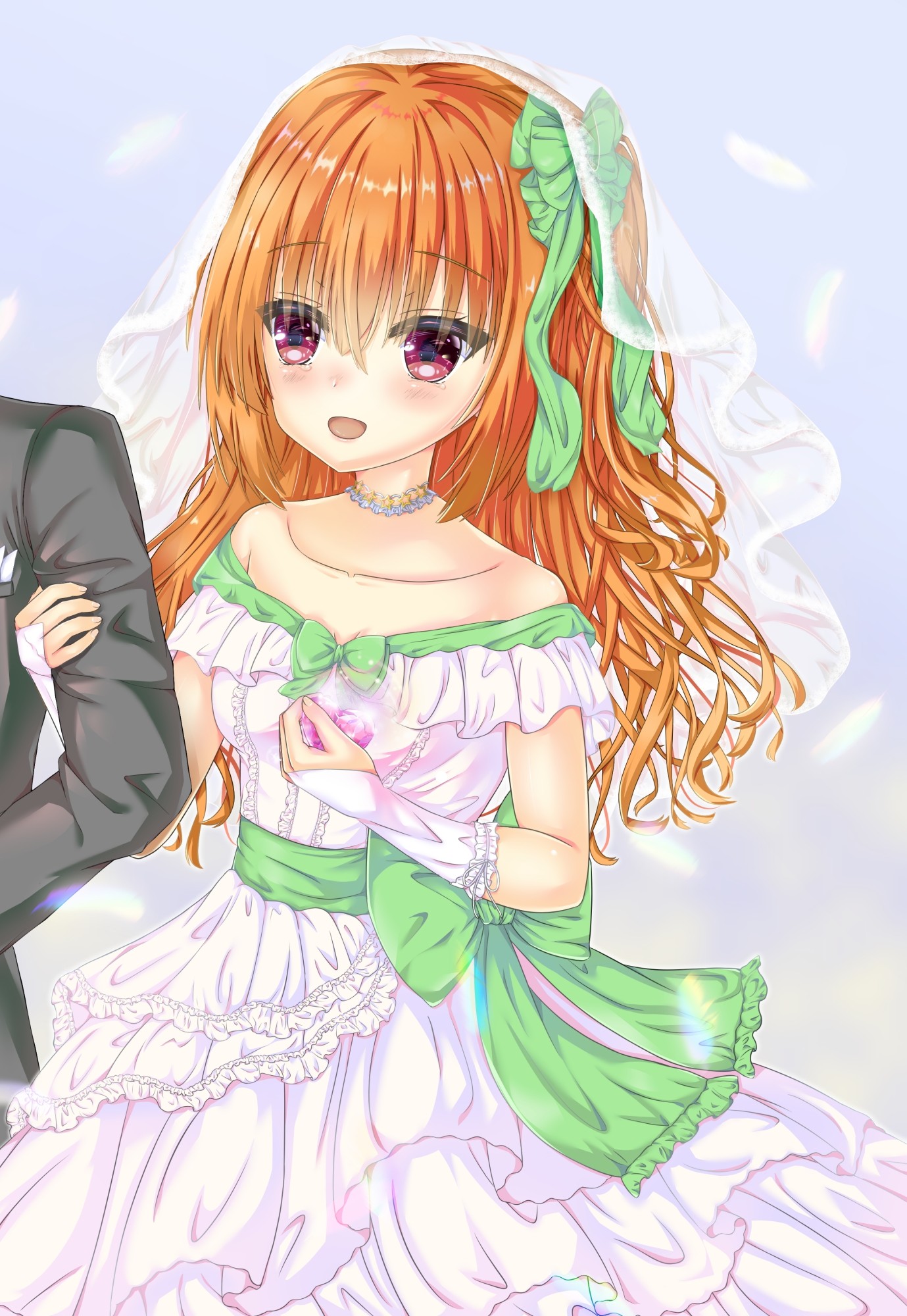 kusaya01411, inaba meguru, sanoba witch, commentary request, highres, 1boy, 1girl, :d, alternate costume, alternate hairstyle, arm hug, bare shoulders, black suit, blue background, blush, bow, bridal veil, bride, center frills, collarbone, couple, cowboy shot, crying, crying with eyes open, dress, dress bow, eyes visible through hair, falling feathers, feathers, formal clothes, frilled dress, frills, green bow, green ribbon, hair between eyes, hair bow, hair ribbon, hands up, happy, happy tears, heart, hetero, holding, holding heart, long dress, long hair, looking at another, off-shoulder dress, off shoulder, open mouth, orange hair, red eyes, ribbon, simple background, smile, solo focus, suit, tears, veil, wedding, wedding dress, white dress, white feathers, white veil
