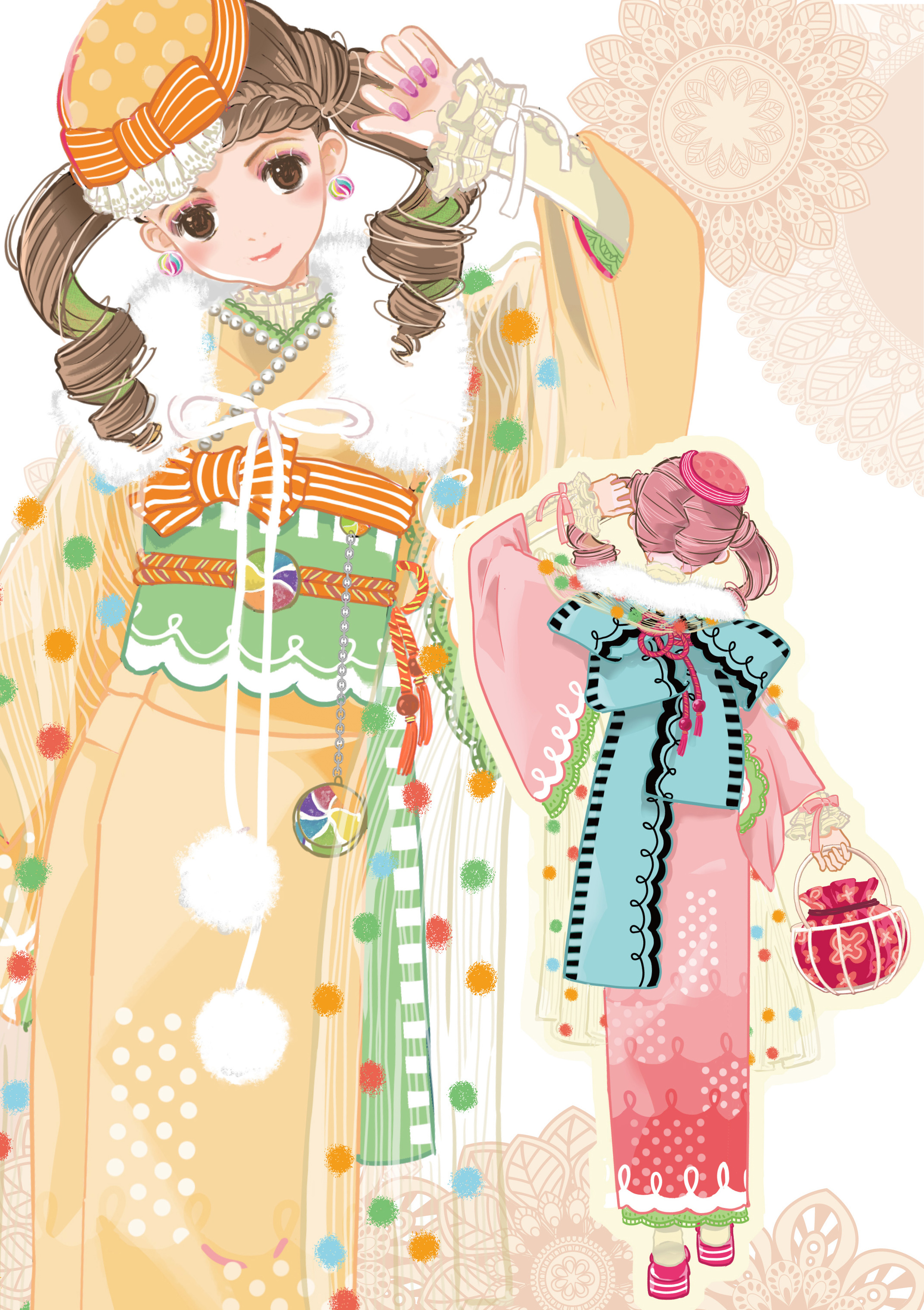 nikki (series), original, shining nikki, absurdres, highres, 2girls, alternate color, back bow, bag, beret, blonde hair, blue bow, bow, brown eyes, brown hair, closed mouth, dual persona, earrings, eyelashes, floral print, frilled headwear, from behind, green sash, hand on own head, hat, holding, holding bag, japanese clothes, jewelry, kimono, large bow, lipstick, long hair, long sleeves, makeup, multiple girls, obi, okobo, outline, pink bag, pink hat, pink lips, pink sandals, platform sandals, polka dot headwear, ribbon, sandals, sash, see-through clothes, see-through legwear, shawl, smile, twintails, white background, white ribbon, wide sleeves, yellow hat, yellow outline, yocchi03693214, yukata