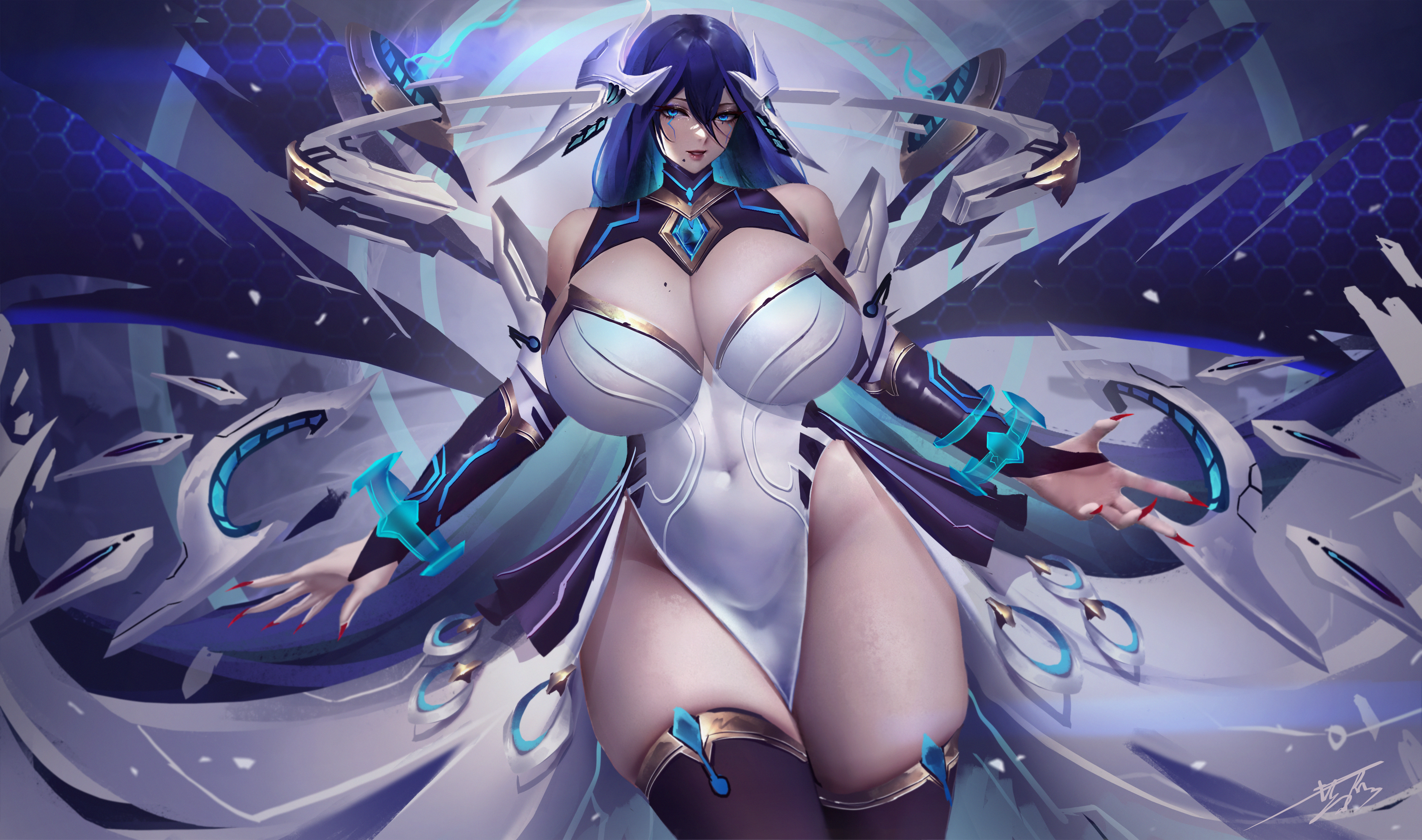 yuezoucanglan, highres, 1girl, bare shoulders, black thighhighs, blue eyes, blue hair, breasts, bridal gauntlets, cleavage, covered navel, curvy, dress, hair between eyes, headgear, huge breasts, long hair, looking at viewer, mechanical wings, pelvic curtain, signature, solo, thick thighs, thighhighs, thighs, white dress, wings
