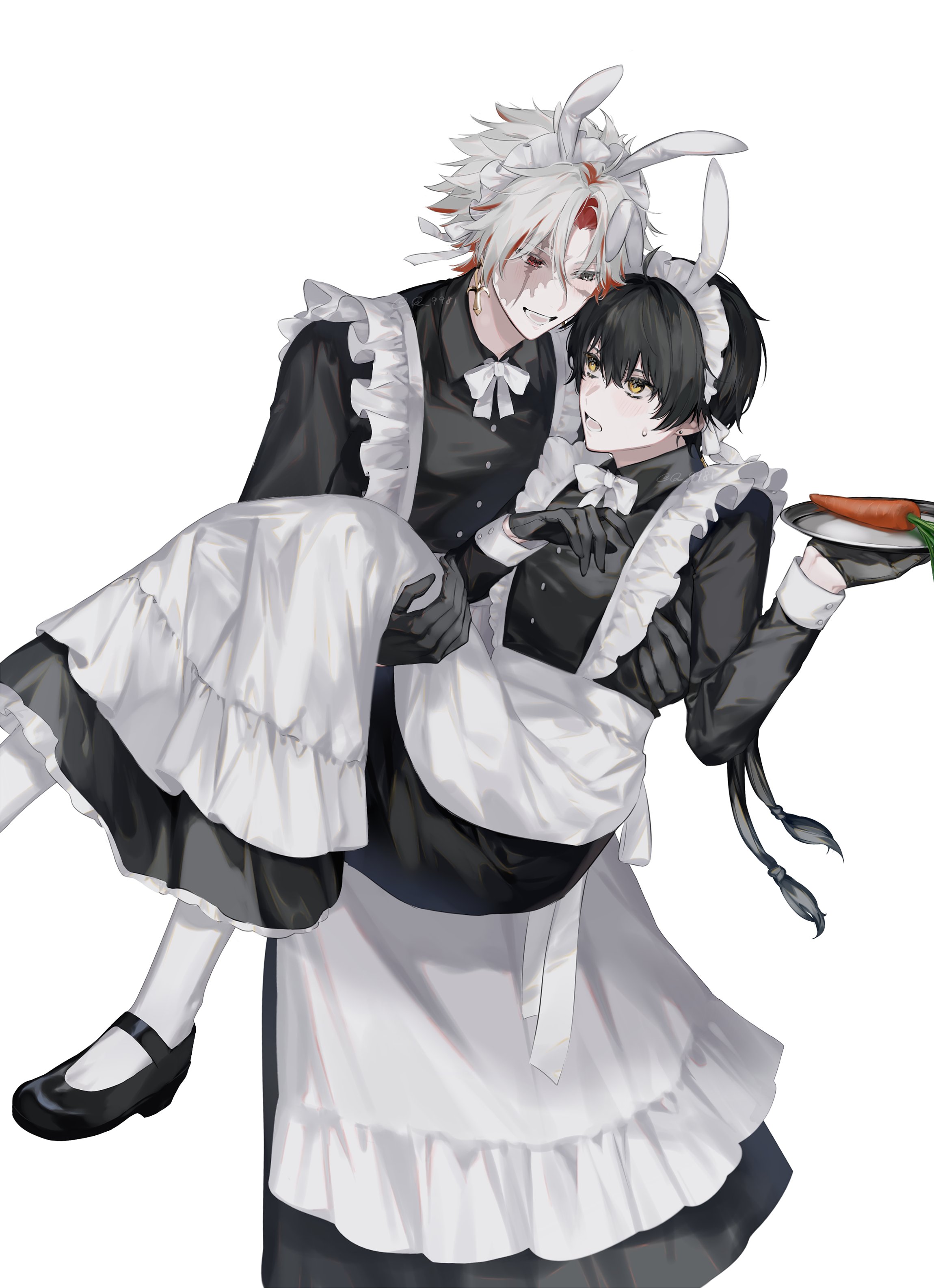 q 9981, male rover (wuthering waves), rover (wuthering waves), scar (wuthering waves), wuthering waves, absurdres, commentary, highres, symbol-only commentary, 2boys, alternate costume, animal ears, apron, artist name, black dress, black gloves, black hair, black shoes, blush, bow, bowtie, buttons, carrot, carrying, collared dress, crossdressing, dress, earrings, enmaided, fake animal ears, frills, gloves, grey eyes, grey hair, hair between eyes, hair ornament, hair ribbon, hands up, heterochromia, holding, holding tray, jewelry, long hair, long sleeves, looking at another, low ponytail, maid, maid headdress, male focus, multicolored hair, multiple boys, open mouth, pantyhose, ponytail, princess carry, rabbit ears, red eyes, red hair, ribbon, scar, scar across eye, scar on face, shoes, short hair, simple background, smile, standing, sweatdrop, sword earrings, teeth, tray, two-tone hair, white apron, white background, white bow, white bowtie, white pantyhose, white ribbon, yaoi, yellow eyes