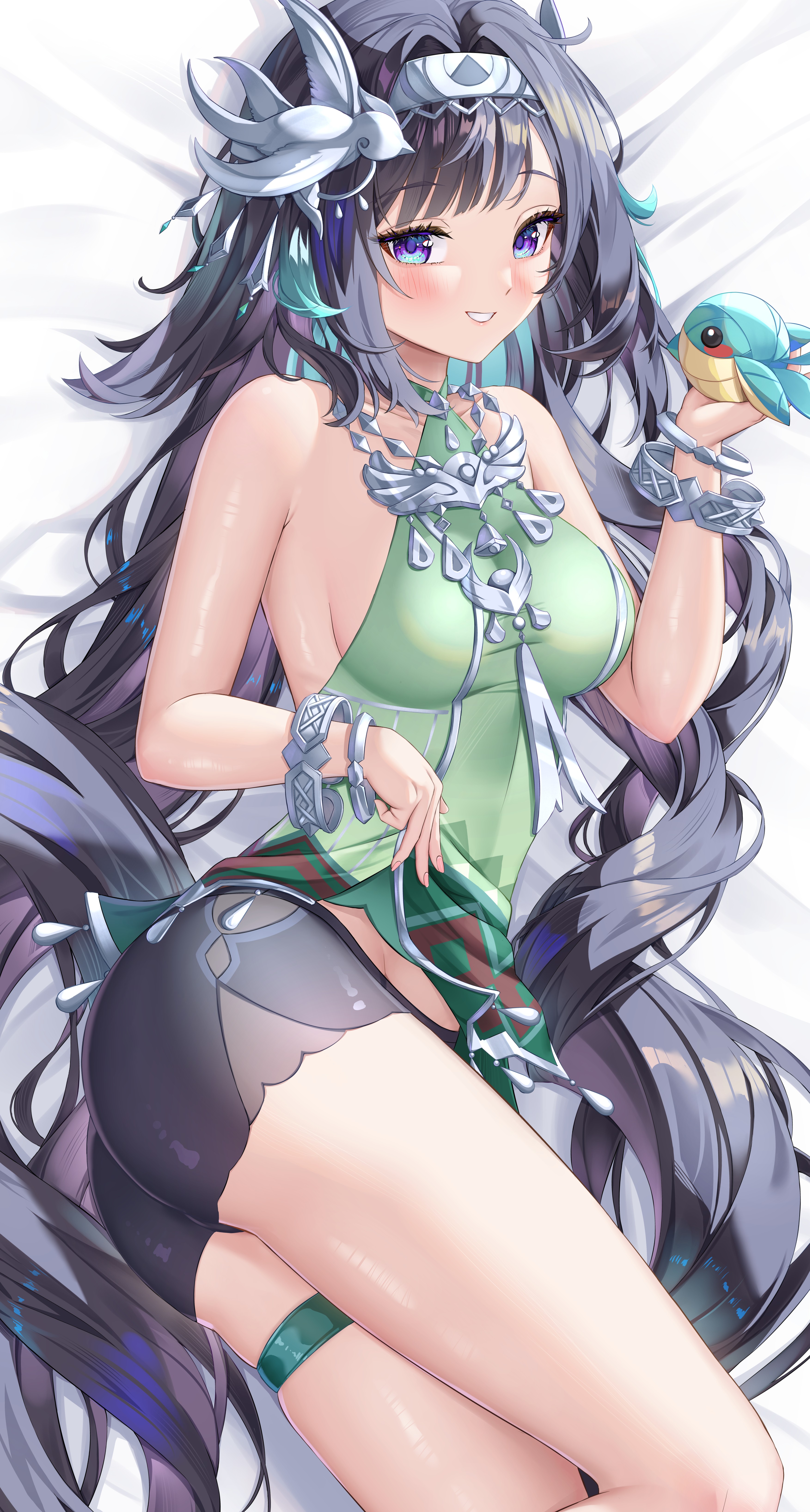 dokimaru, lan yan (genshin impact), genshin impact, absurdres, commentary request, highres, 1girl, aqua hair, arm up, armpits, ass, backless dress, backless outfit, bare shoulders, bed sheet, bird, bird hair ornament, bird on hand, black hair, black panties, blue bird, blush, bracelet, breasts, clothes lift, collarbone, cowboy shot, dakimakura (medium), dress, dress lift, fingernails, green dress, hair ornament, halter dress, halterneck, jewelry, long hair, looking at viewer, lying, medium breasts, multicolored hair, on side, open mouth, panties, purple eyes, silver hairband, solo, teeth, thigh strap, underwear, upper teeth only, very long hair