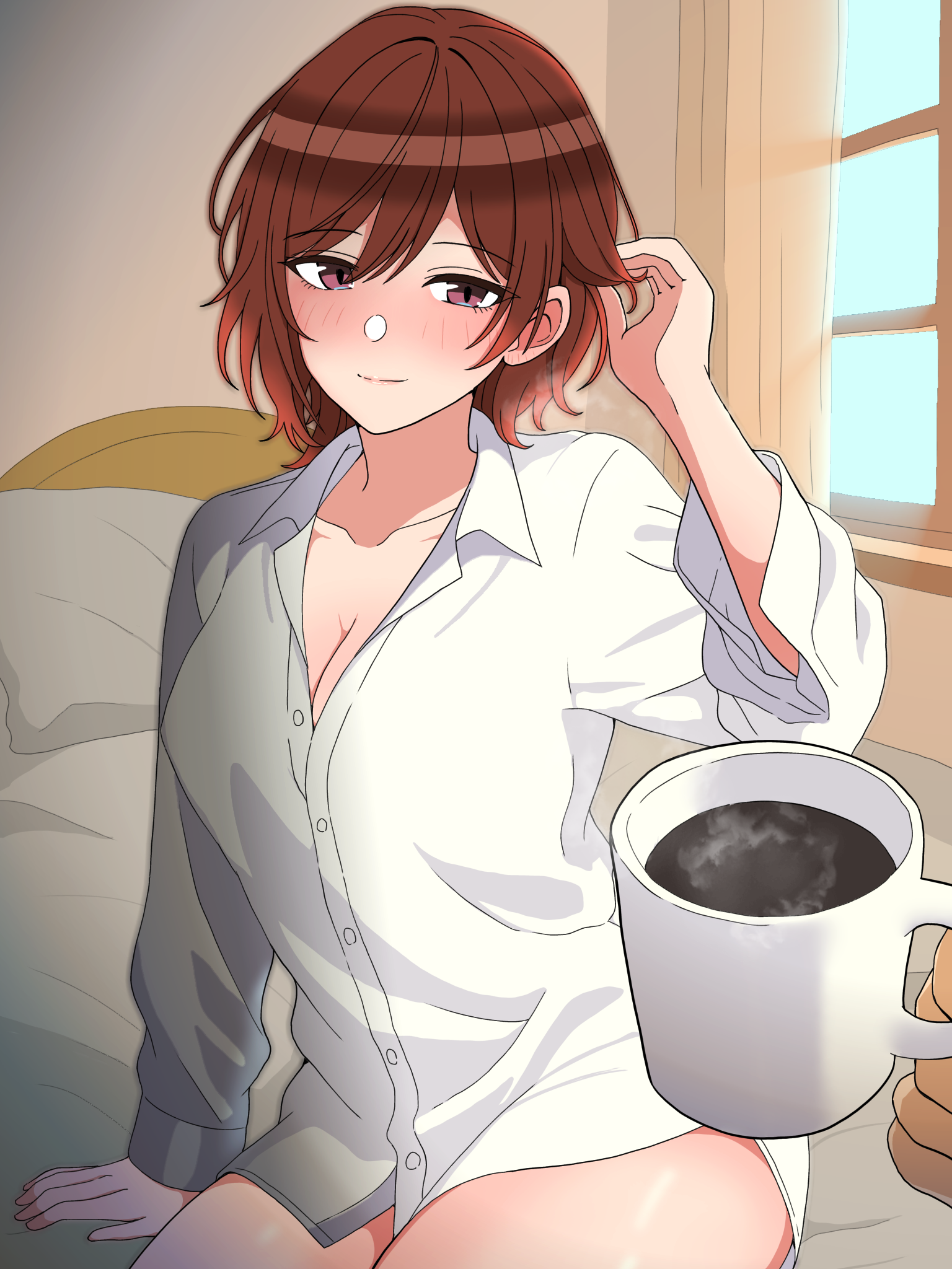 hondy (user gcxa2842), aketa mikoto, idolmaster, idolmaster shiny colors, highres, 1girl, arm support, blush, borrowed clothes, breasts, brown hair, cleavage, coffee, collarbone, cup, dress shirt, holding, holding cup, large breasts, light smile, looking at viewer, mug, no pants, on bed, open collar, pov, pov hands, shirt, sitting, solo, steam, thighs, white shirt