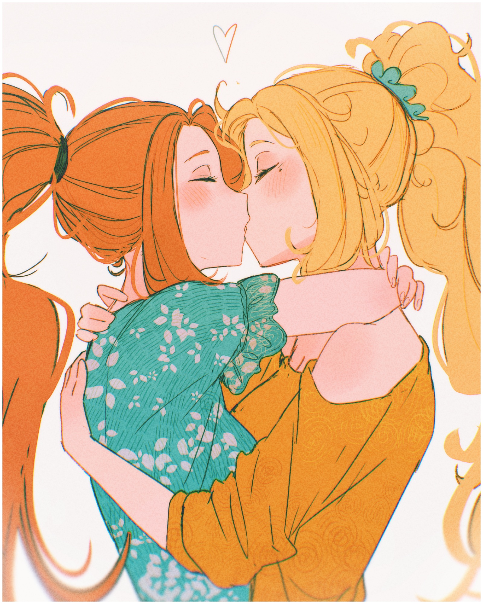 spindle (aidenr0), juliette (murgoten), stella (murgoten), original, alt text, commentary, english commentary, highres, 2girls, blonde hair, blue shirt, blush, borrowed character, closed eyes, curly hair, frilled hair tie, from side, hair tie, heart, hug, kiss, long hair, long sleeves, mole, mole under eye, multiple girls, off-shoulder shirt, off shoulder, orange hair, orange shirt, plant print, ponytail, puffy short sleeves, puffy sleeves, shirt, short sleeves, simple background, spiral print, upper body, white background, yuri