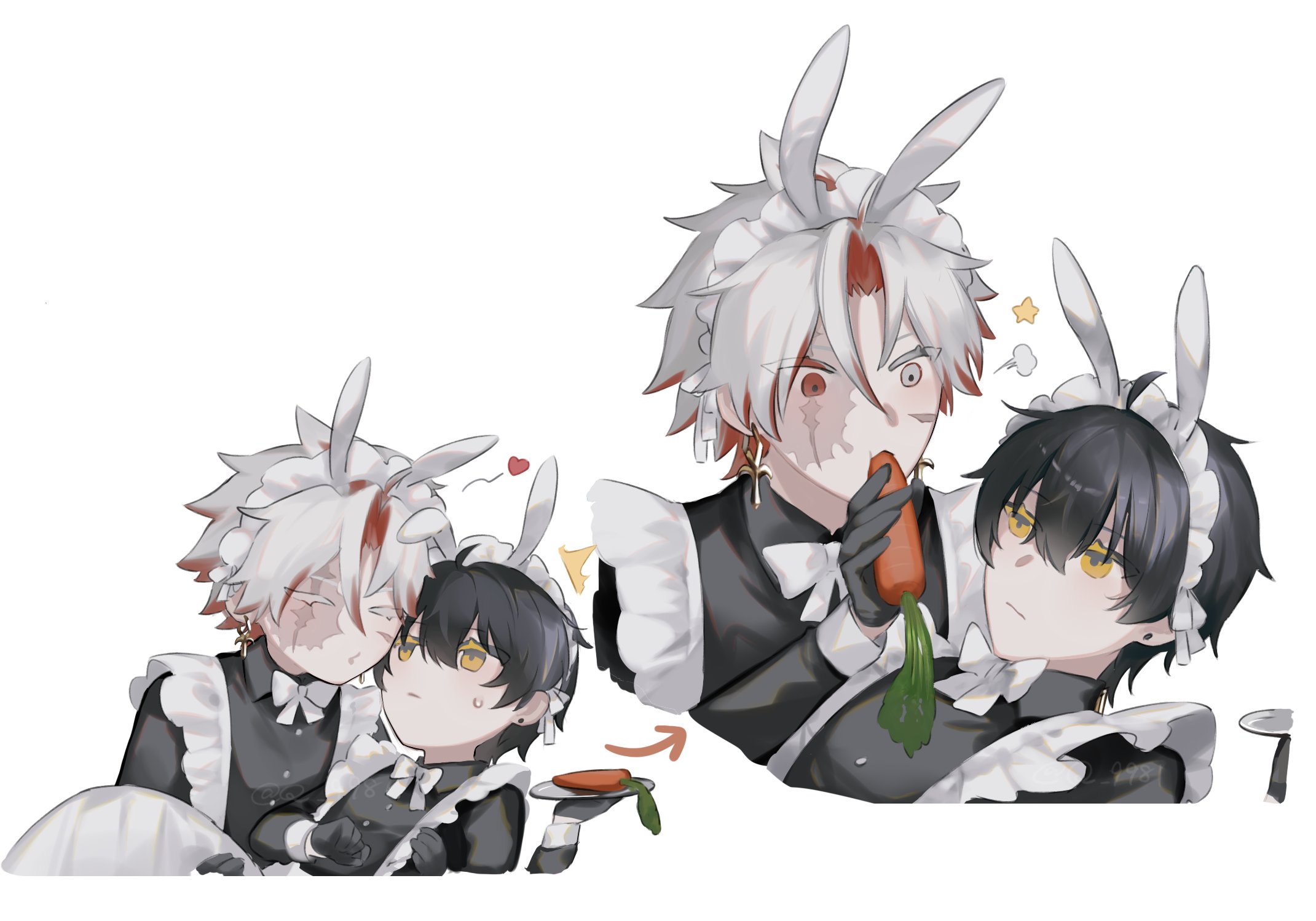 q 9981, male rover (wuthering waves), rover (wuthering waves), scar (wuthering waves), wuthering waves, commentary, highres, symbol-only commentary, 2boys, alternate costume, animal ears, apron, arrow (symbol), black dress, black gloves, black hair, bow, bowtie, buttons, carrot, carrying, closed eyes, closed mouth, collared dress, crossdressing, dress, earrings, enmaided, fake animal ears, frills, gloves, grey eyes, grey hair, hair between eyes, hair ornament, half-closed eyes, heart, heterochromia, holding, holding carrot, holding tray, jewelry, long hair, long sleeves, looking at another, low ponytail, maid, maid headdress, male focus, multicolored hair, multiple boys, multiple views, ponytail, princess carry, rabbit ears, red eyes, red hair, scar, scar across eye, scar on face, short hair, simple background, star (symbol), sweatdrop, sword earrings, tray, two-tone hair, upper body, white apron, white background, white bow, white bowtie, wide-eyed, yaoi, yellow eyes