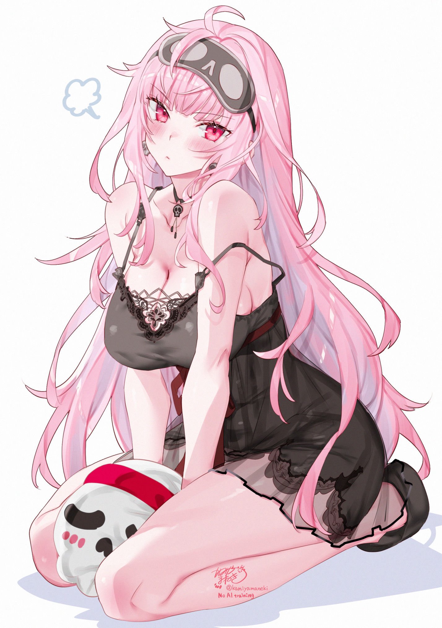 kamiya maneki, deadbeat (mori calliope), mori calliope, mori calliope (sleepwear), hololive, hololive english, commentary, highres, 1girl, artist name, bare shoulders, between legs, black choker, black dress, black nightgown, black shoes, black slippers, blush, breasts, choker, closed mouth, dress, earrings, headband, jewelry, large breasts, long hair, looking at viewer, mask, mask on head, messy hair, nightgown, pink eyes, pink hair, puff of air, red headband, red ribbon, ribbon, seiza, shoes, signature, simple background, sitting, skull, skull choker, skull earrings, sleep mask, slippers, solo, strap slip, thighs, twitter username, virtual youtuber, white background