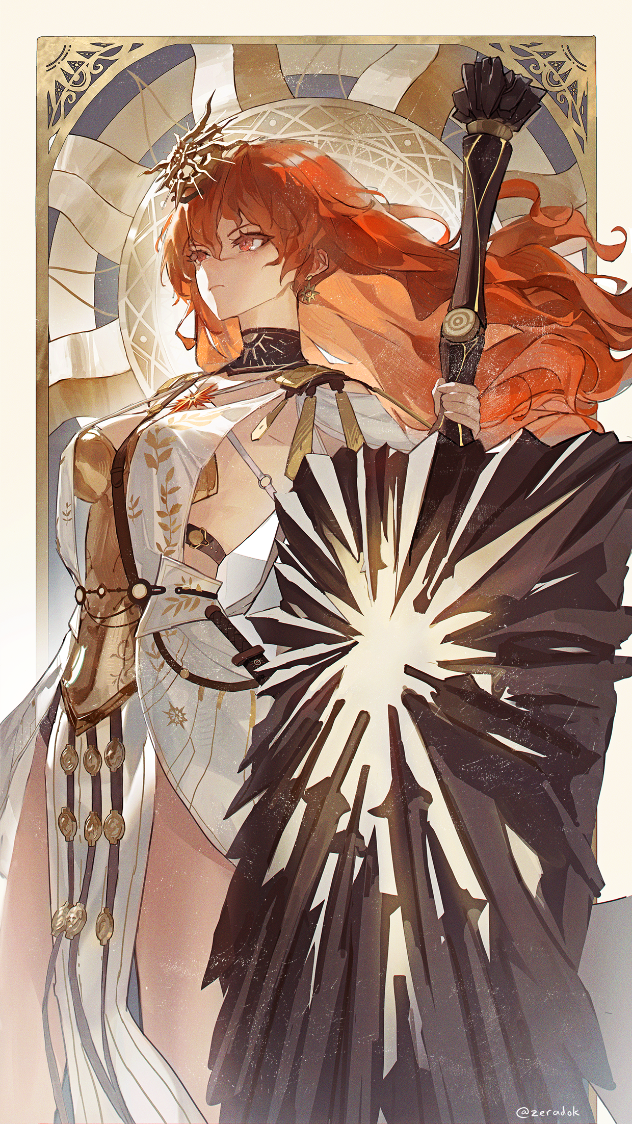 zeradok, augusta (wuthering waves), wuthering waves, commentary, highres, 1girl, ancient greek clothes, armor, black collar, breastplate, breasts, closed mouth, collar, dress, earrings, greatsword, greco-roman clothes, headgear, holding, holding sword, holding weapon, jewelry, long hair, looking ahead, medium breasts, orange eyes, orange hair, solo, sun earrings, sword, twitter username, weapon, white dress