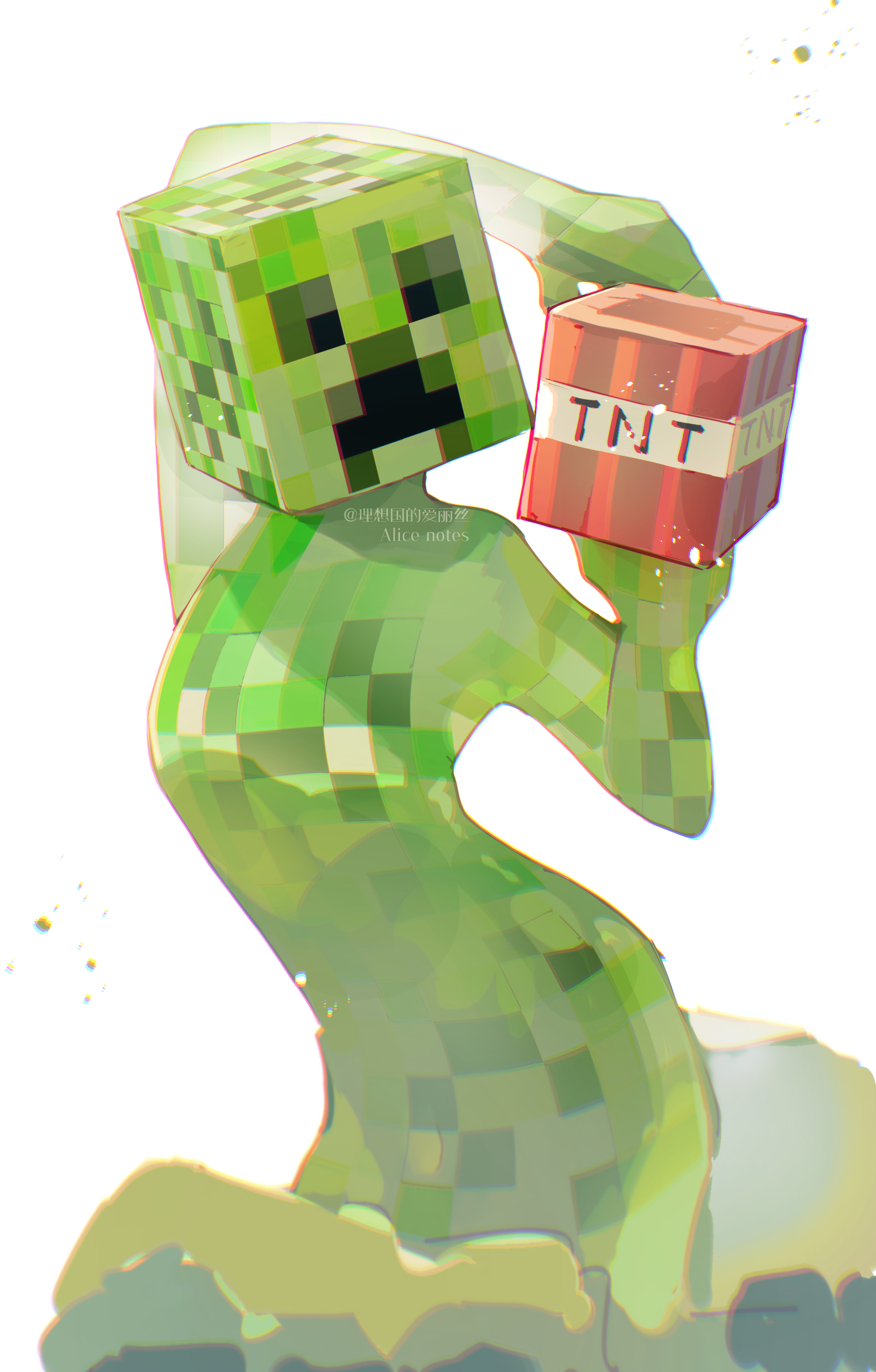 lixiang guo alice, creeper, minecraft, absurdres, highres, 1girl, arm up, block head, colored skin, explosive, green skin, holding block, solo, tnt, tnt block (minecraft), white background