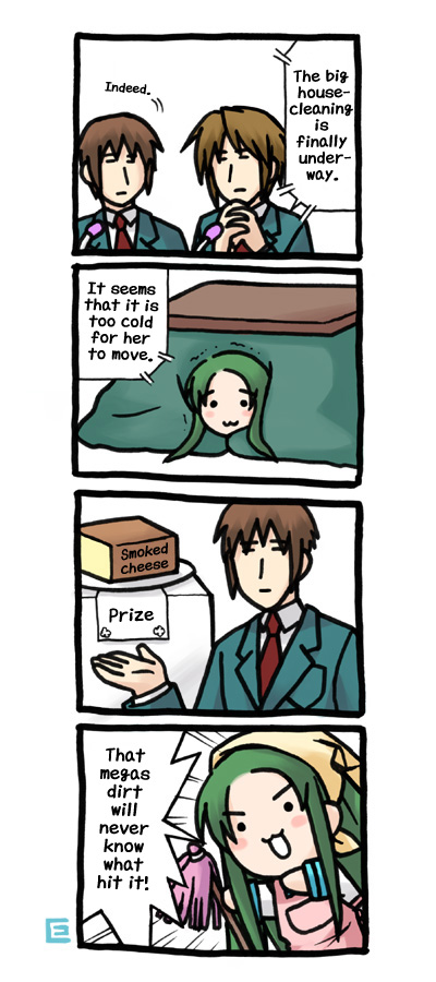 eretto, churuya, koizumi itsuki, kyon, suzumiya haruhi no yuuutsu, hard-translated, third-party edit, translated, 00s, 1girl, 2boys, 4koma, :3, cheese, chibi, comic, food, multiple boys, smoked cheese