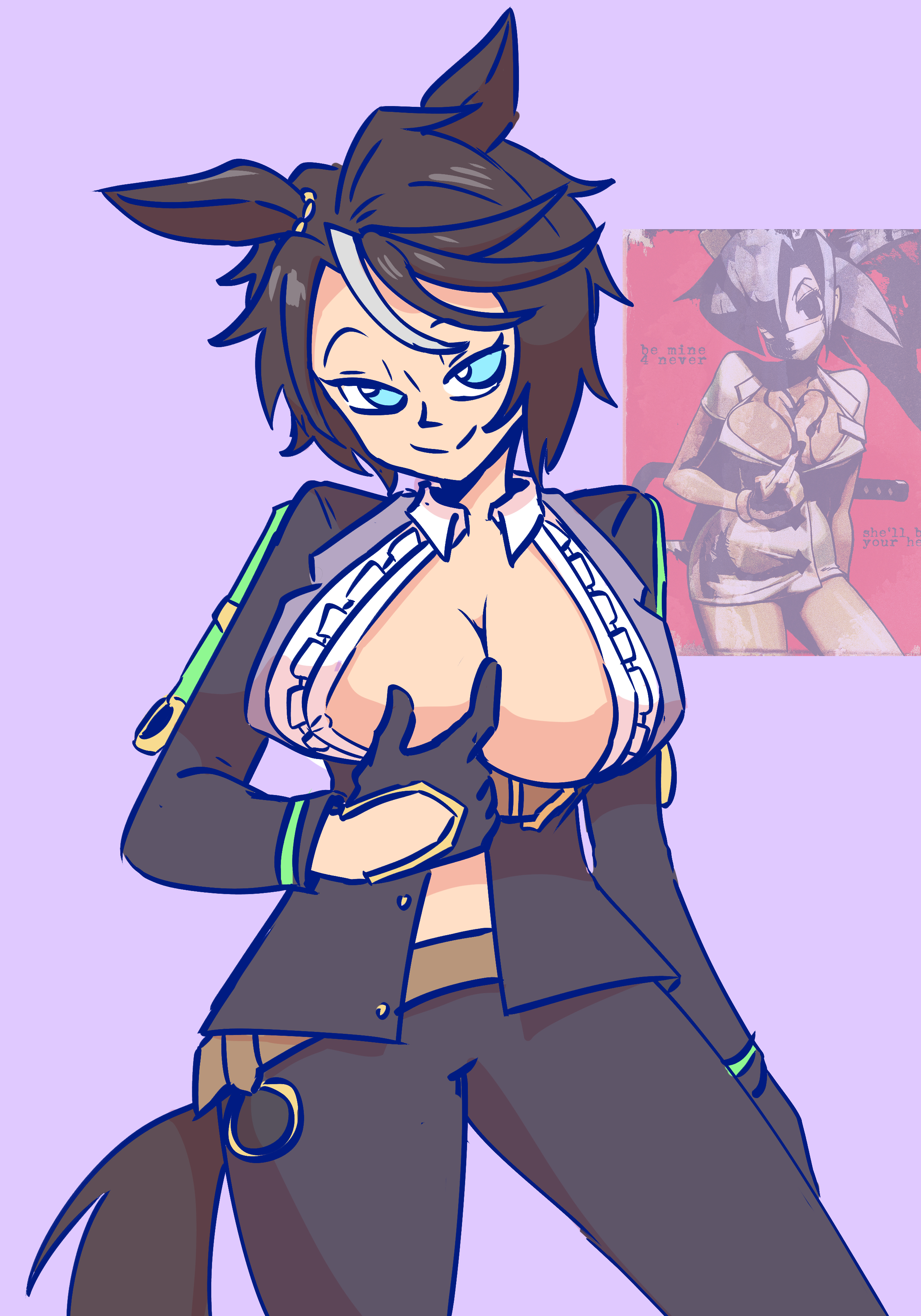 starlinkman, fuji kiseki (umamusume), valentine (skullgirls), skullgirls, umamusume, absurdres, highres, 1girl, animal ears, black gloves, black hair, black jacket, black pants, blue eyes, breasts, center frills, center opening, closed mouth, collared shirt, cowboy shot, frilled shirt, frills, fuji kiseki (shooting star revue) (umamusume), gloves, horse ears, horse girl, horse tail, jacket, large breasts, looking at viewer, no bra, open clothes, open jacket, pants, reference inset, shirt, short hair, simple background, smile, solo, spread cleavage, tail, white shirt