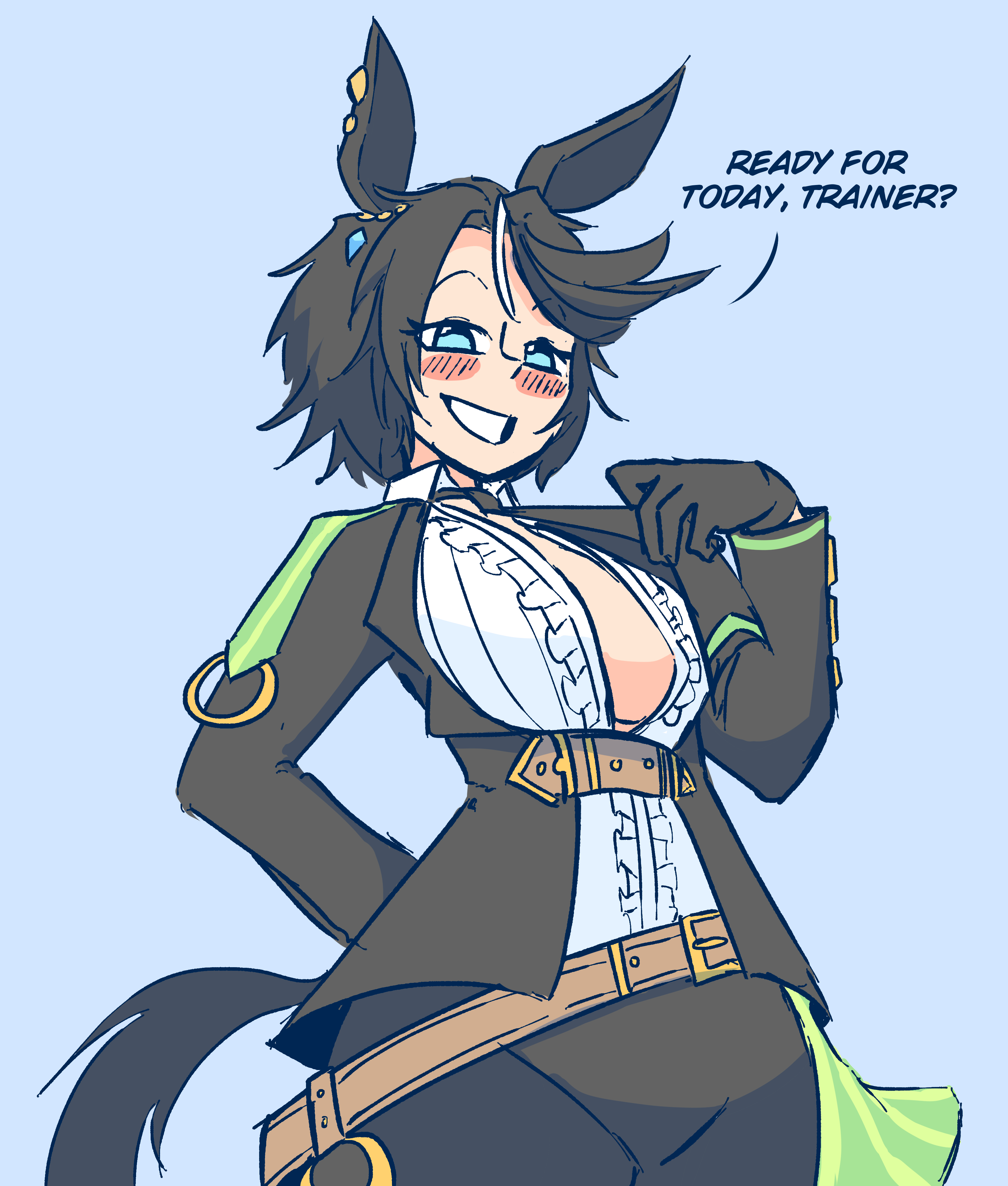 starlinkman, fuji kiseki (umamusume), umamusume, absurdres, commentary, english commentary, highres, 1girl, animal ears, belt, black gloves, black jacket, black necktie, black pants, blue background, blue eyes, blush, breasts, brown belt, center frills, center opening, collared shirt, cowboy shot, english text, frilled shirt, frills, fuji kiseki (shooting star revue) (umamusume), gloves, horse ears, horse girl, horse tail, jacket, large breasts, looking at viewer, necktie, necktie lift, no bra, open clothes, open jacket, open mouth, pants, shirt, short hair, simple background, smile, solo, tail, white shirt