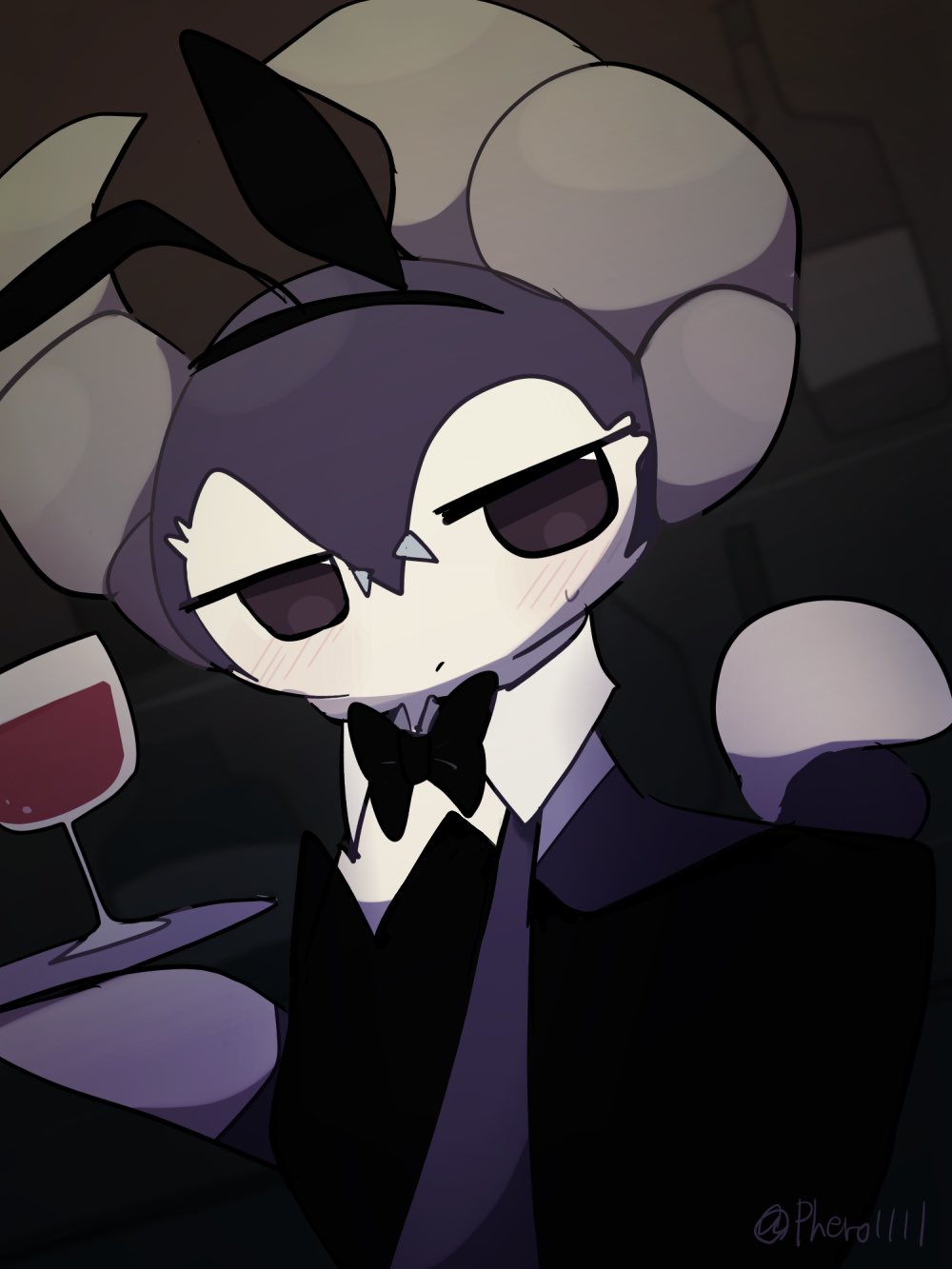 a-nya, indeedee, indeedee (male), nintendo, pokemon, highres, 1boy, alcohol, black bow, black bowtie, bow, bowtie, brown eyes, clothed pokemon, collar, cup, drinking glass, gen 8 pokemon, hair ornament, half-closed eyes, holding, holding tray, horns, indoors, looking to the side, outstretched arms, pokemon (creature), rabbit hair ornament, tray, turning head, tuxedo, upper body, waiter, white collar, wine, wine glass