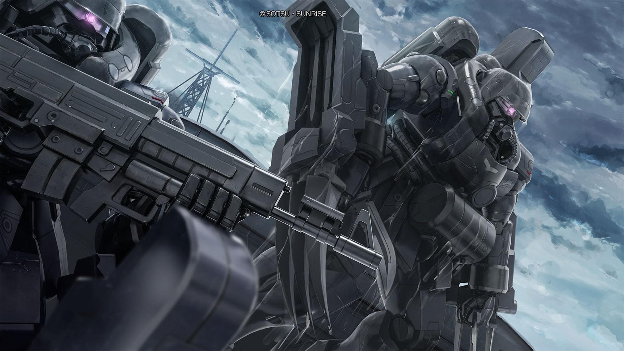 tenjin hidetaka, zee zulu, gundam, gundam unicorn, sunrise (company), highres, painting (medium), scan, traditional media, beam rifle, cable, claws, cloud, cloudy sky, copyright notice, energy gun, grenade launcher, gundam battle operation 2, harbor, machinery, mecha, mecha focus, mobile suit, neo zeon, no humans, one-eyed, realistic, robot, scene reference, science fiction, sky, transmission tower, underbarrel grenade launcher, water, weapon, wet