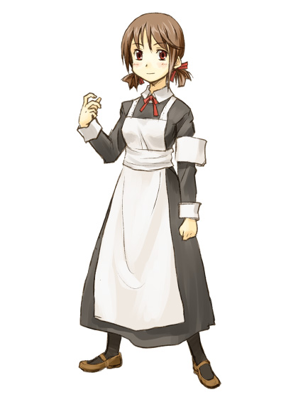 amagai tarou, original, 1girl, apron, blush, brown hair, female focus, full body, hair ribbon, looking at viewer, maid, maid apron, mary janes, neck ribbon, red eyes, ribbon, shoes, short hair, simple background, solo, standing, twintails